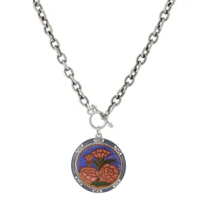 1928 Jewelry Blue and Orange Floral Enamel Medallion Toggle Pendant Necklace 20