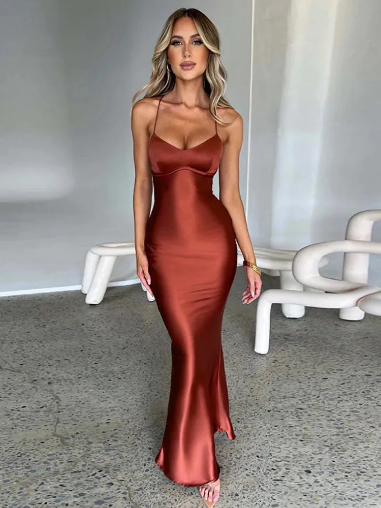 2024 Satin Backless Spaghetti Strap Sleeveless Bodycon Maxi Dress