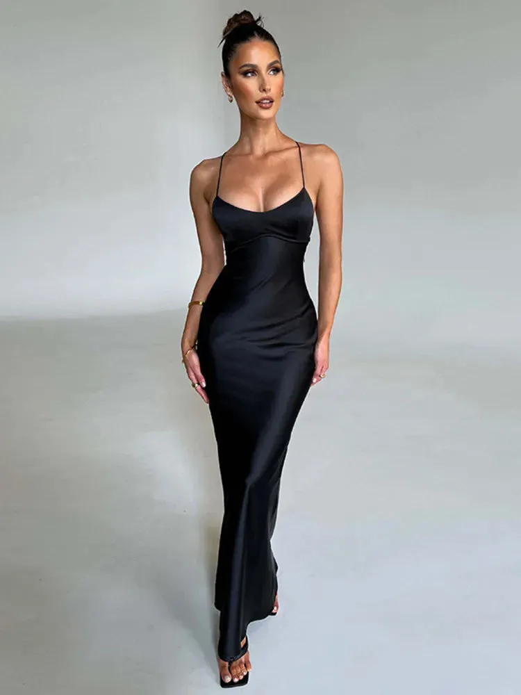 2024 Satin Backless Spaghetti Strap Sleeveless Bodycon Maxi Dress