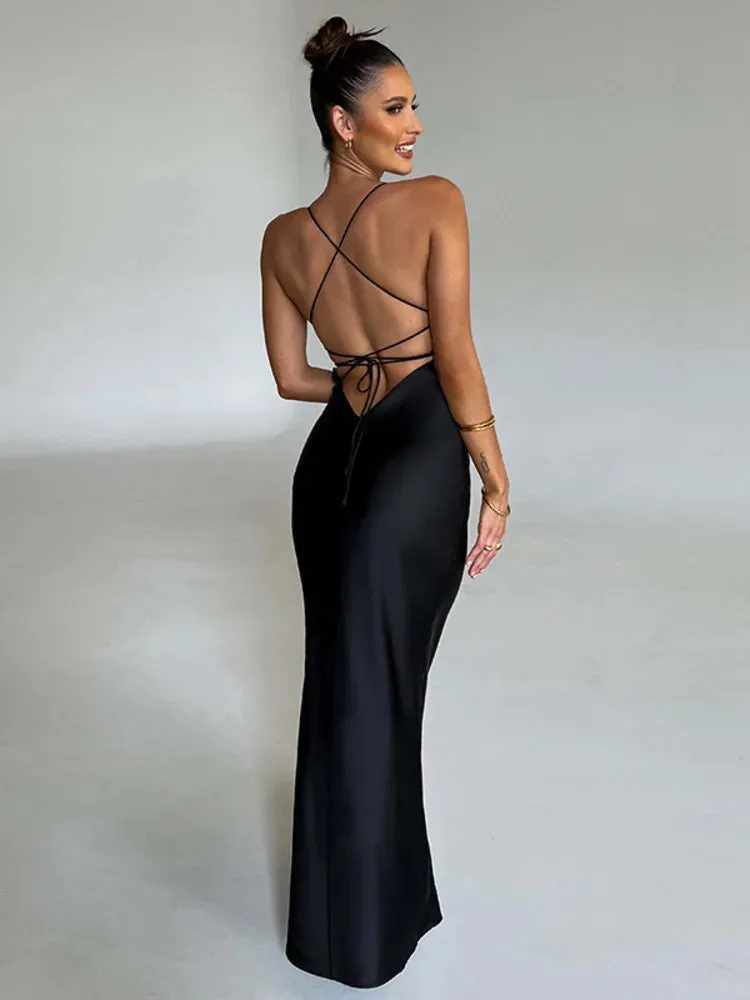 2024 Satin Backless Spaghetti Strap Sleeveless Bodycon Maxi Dress