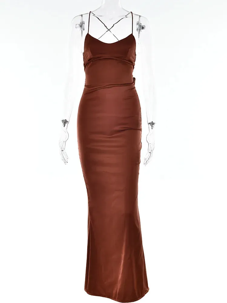 2024 Satin Backless Spaghetti Strap Sleeveless Bodycon Maxi Dress