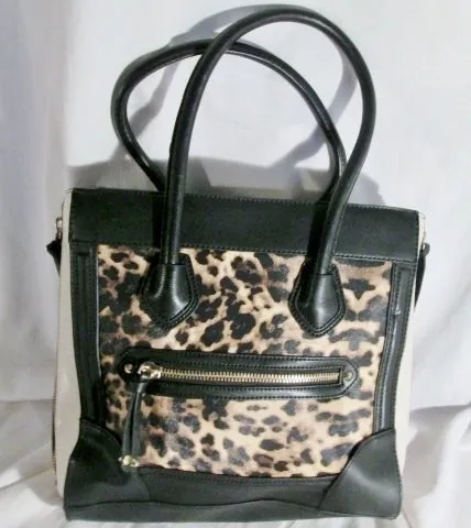 ALDO Vegan Faux Leather Satchel TOTE Bag Shoulder Bag Carryall  LEOPARD BLACK WHITE