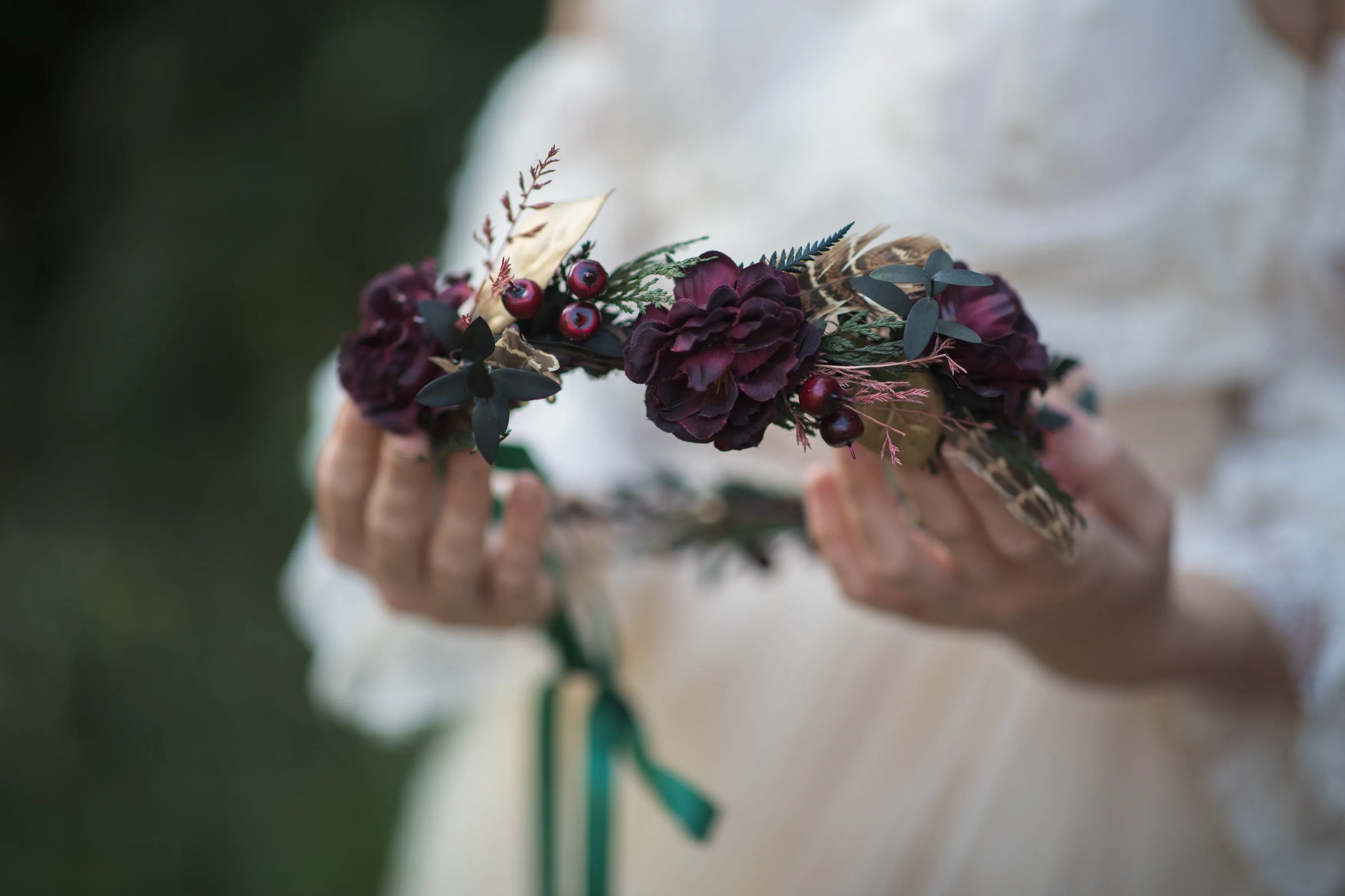 Autumn flower hair wreath Burgundy headpiece Fall wedding accessories Boho wedding hair crown Magaela Bride to be Greenery hair crown