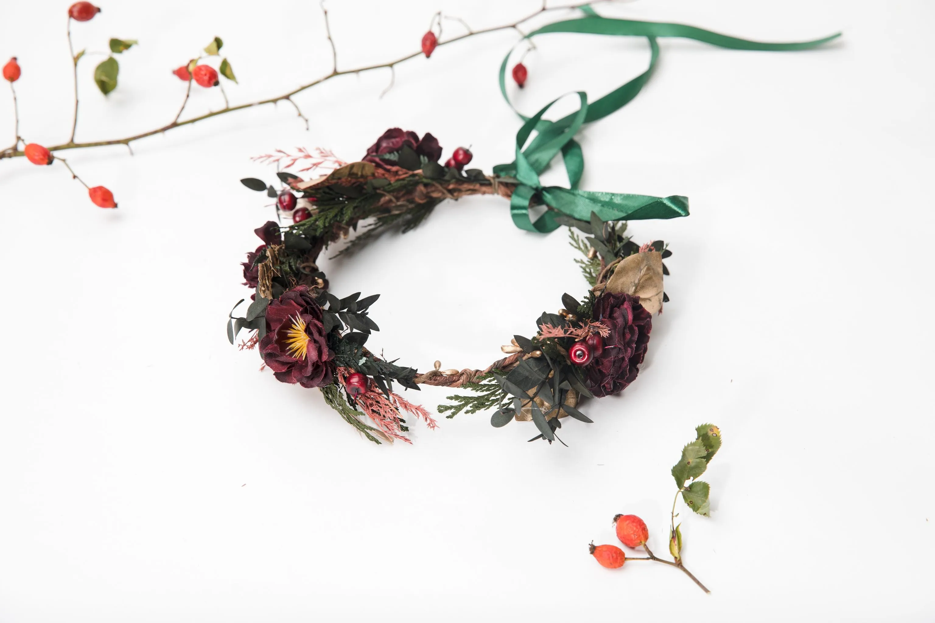 Autumn flower hair wreath Burgundy headpiece Fall wedding accessories Boho wedding hair crown Magaela Bride to be Greenery hair crown