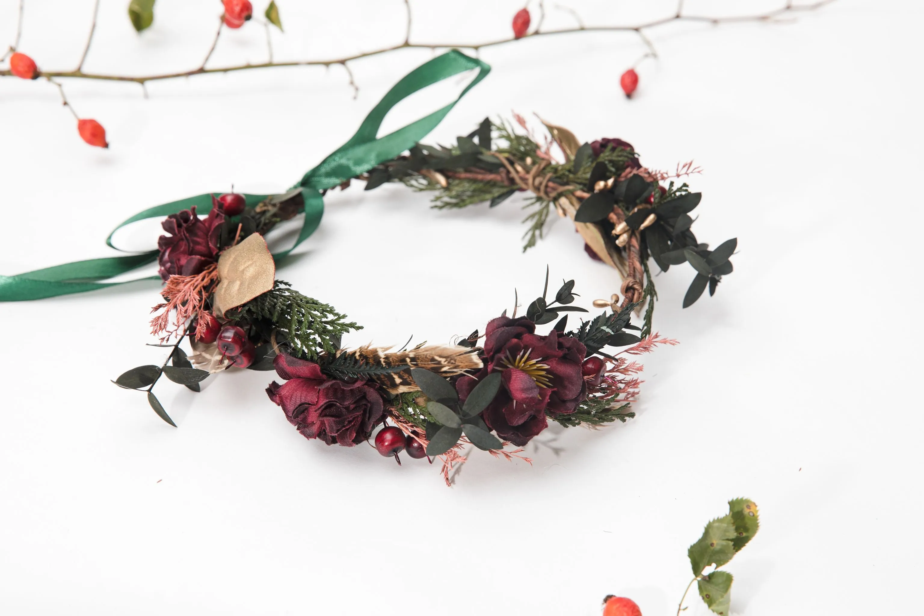 Autumn flower hair wreath Burgundy headpiece Fall wedding accessories Boho wedding hair crown Magaela Bride to be Greenery hair crown