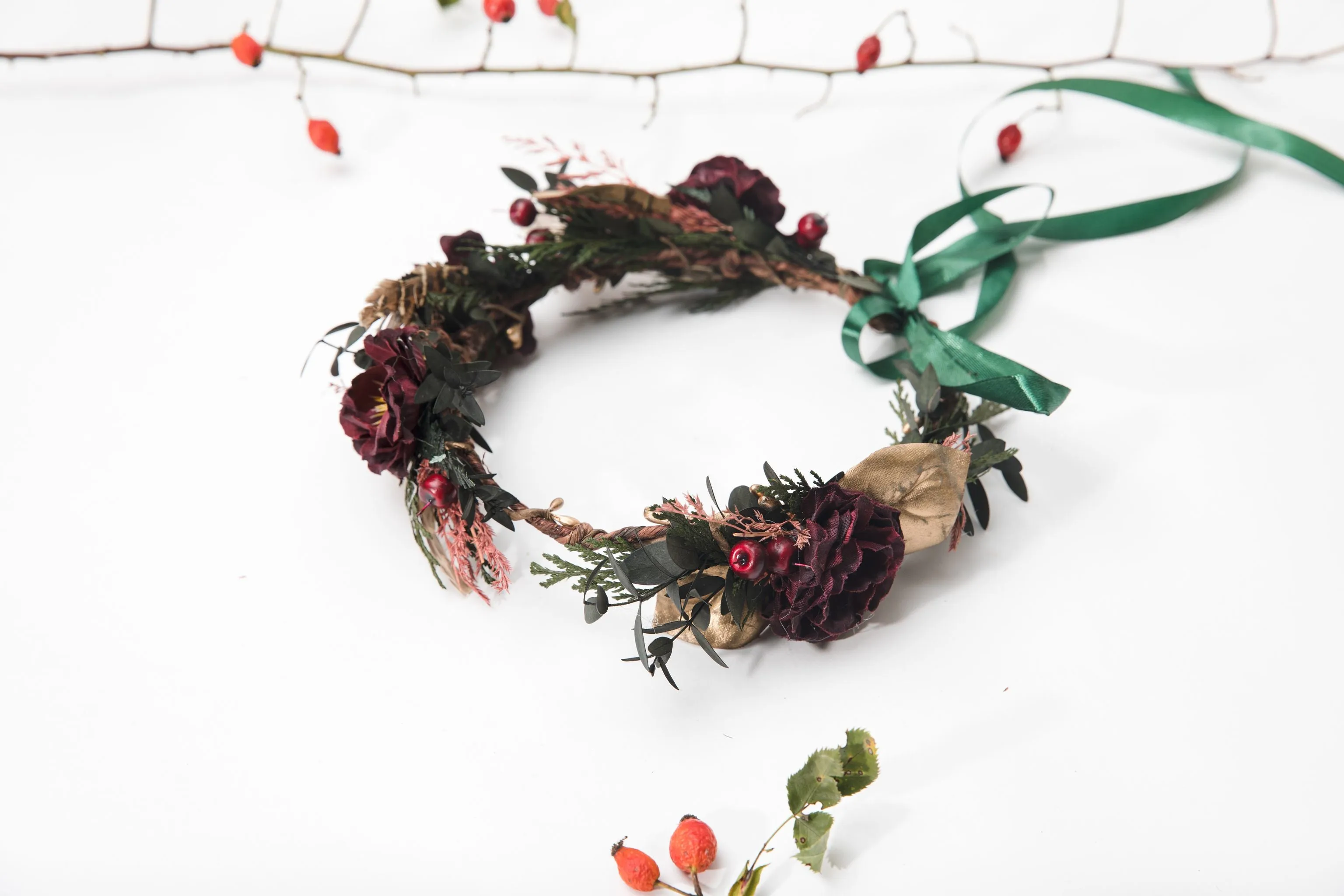 Autumn flower hair wreath Burgundy headpiece Fall wedding accessories Boho wedding hair crown Magaela Bride to be Greenery hair crown