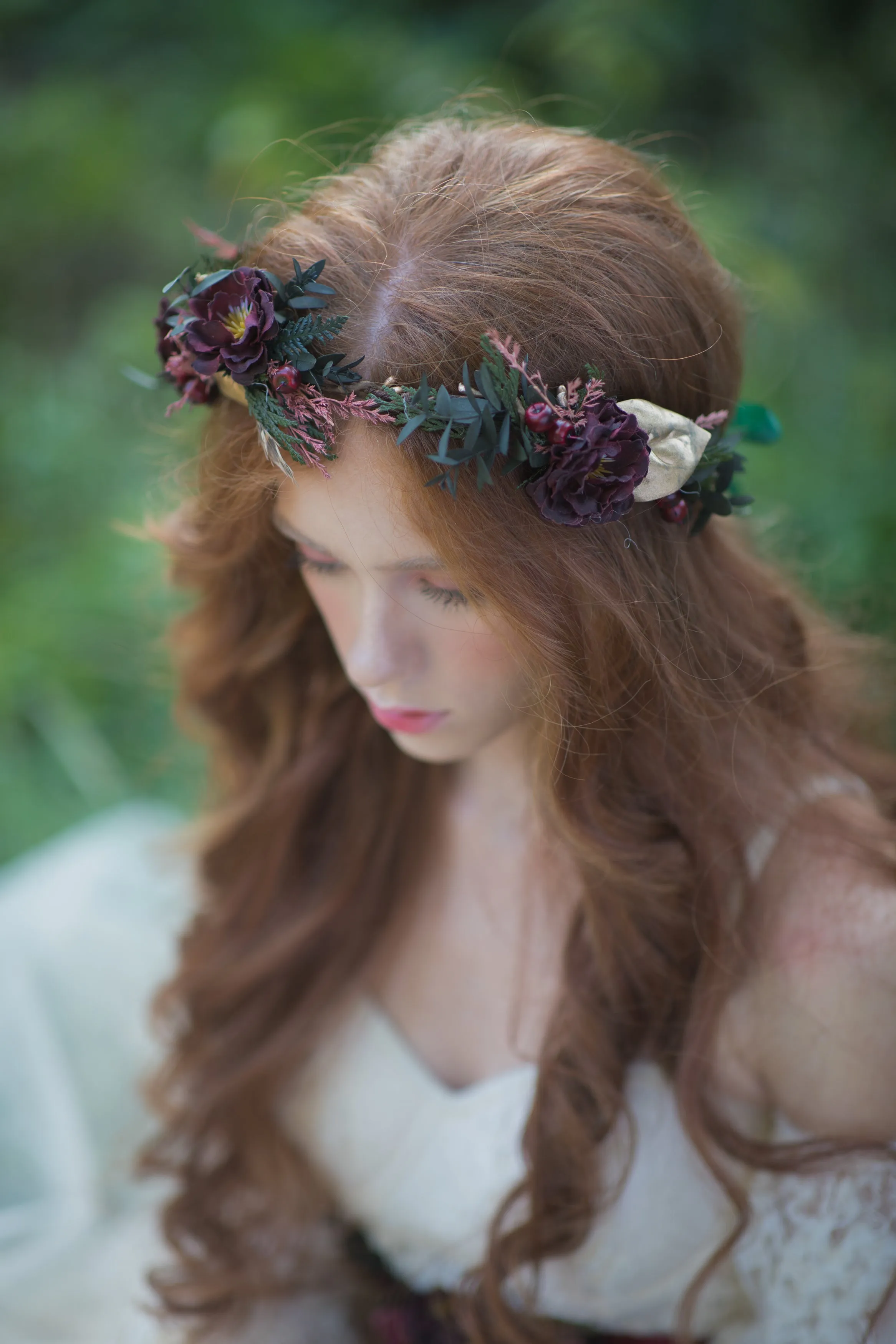 Autumn flower hair wreath Burgundy headpiece Fall wedding accessories Boho wedding hair crown Magaela Bride to be Greenery hair crown