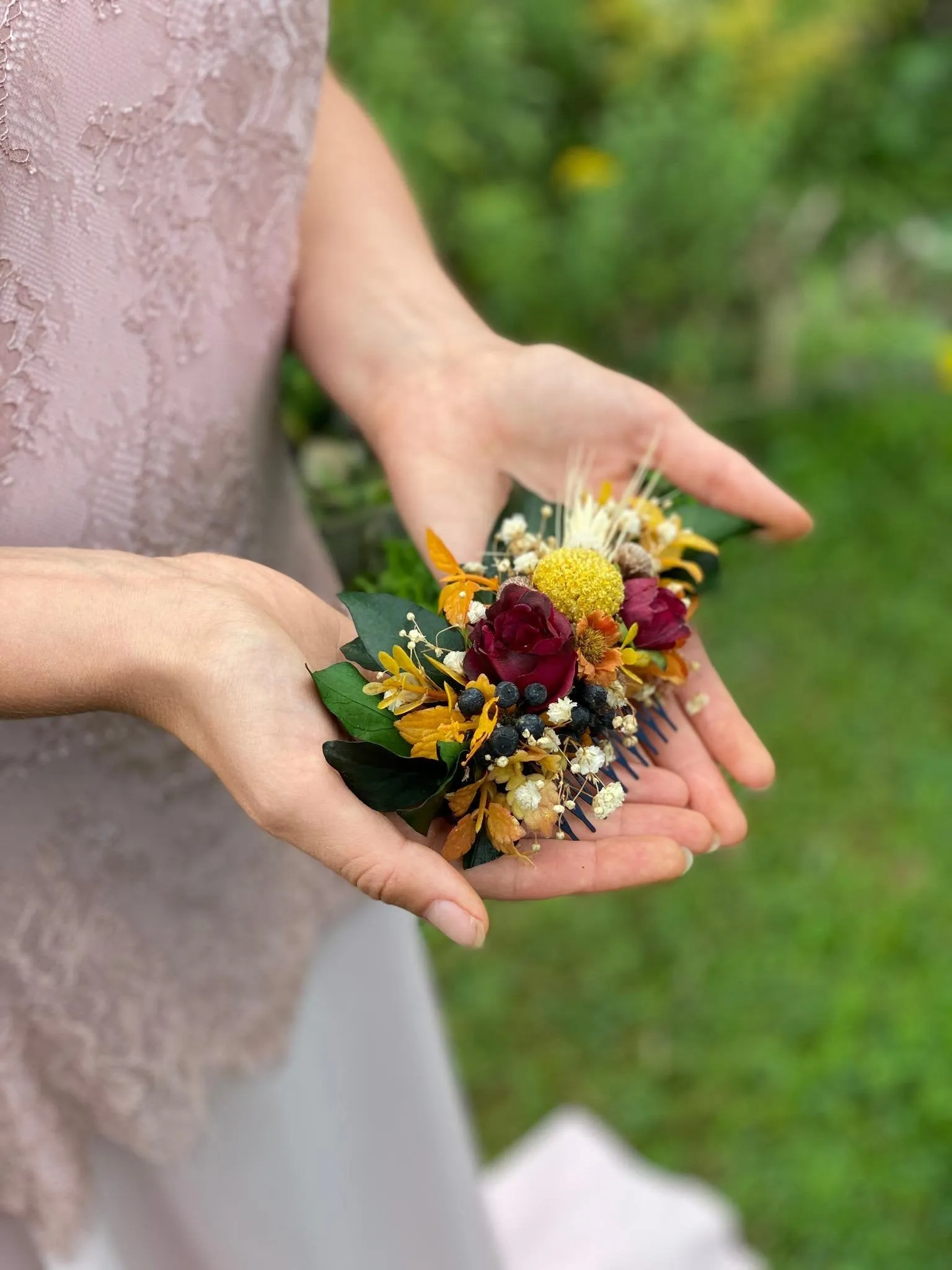 Autumn ochre burgundy wedding comb Orange bridal hair comb Ochre wedding hair comb Magaela accessories Hair comb for bride Fall wedding Handmade