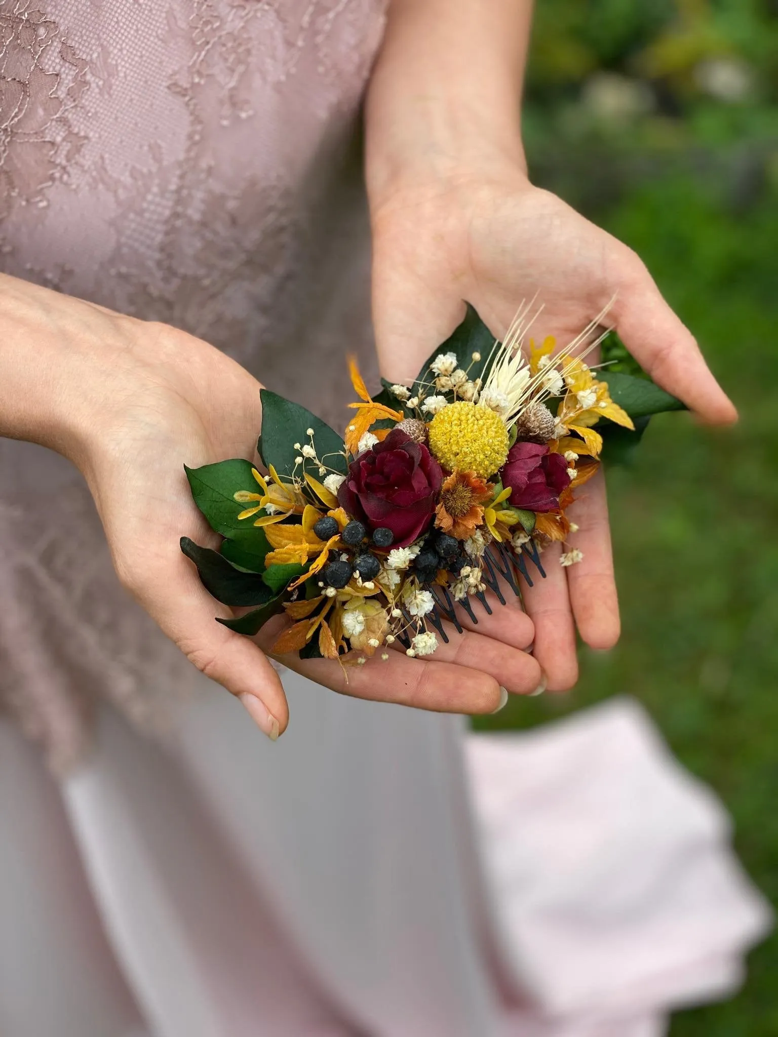 Autumn ochre burgundy wedding comb Orange bridal hair comb Ochre wedding hair comb Magaela accessories Hair comb for bride Fall wedding Handmade