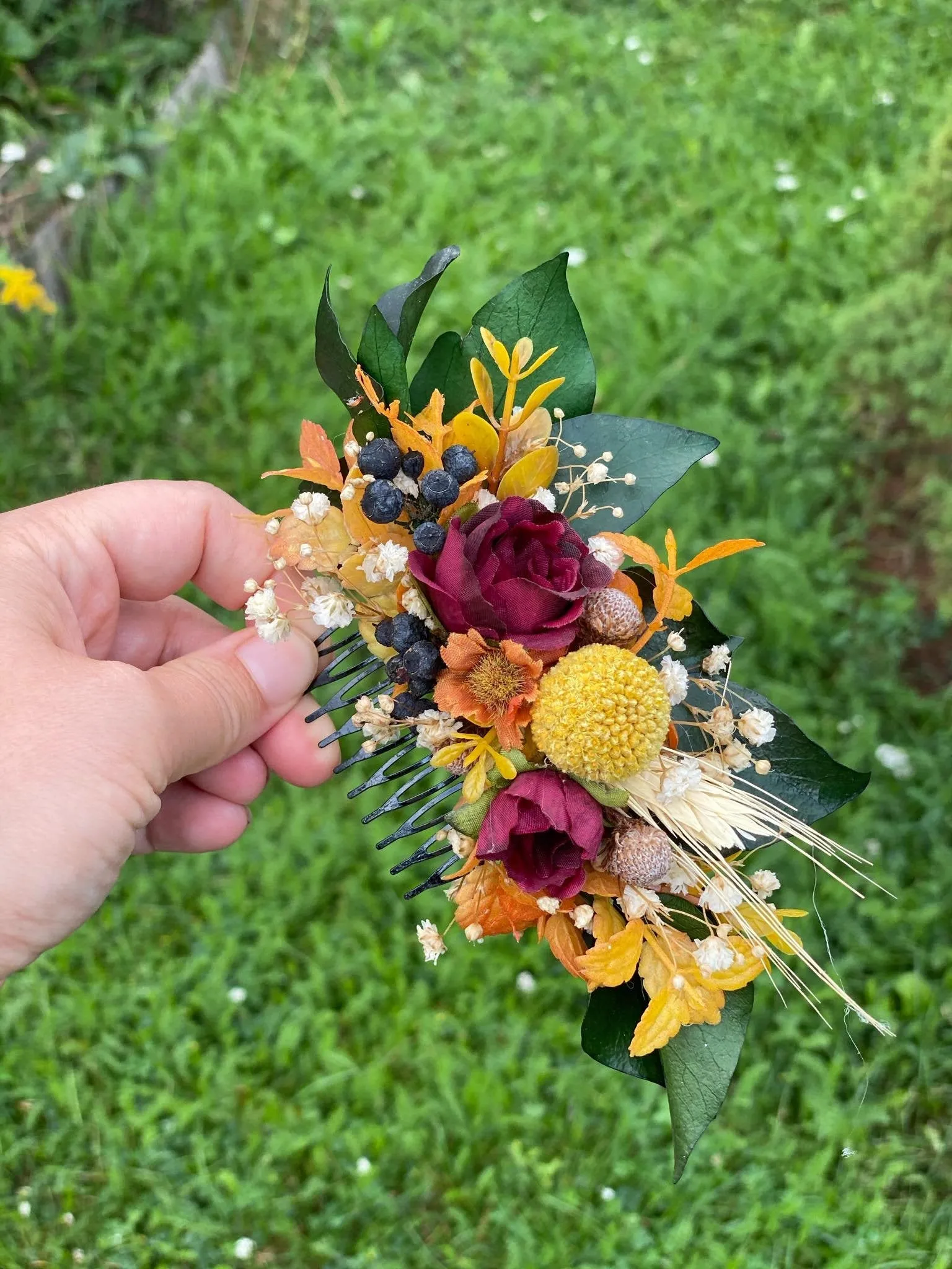 Autumn ochre burgundy wedding comb Orange bridal hair comb Ochre wedding hair comb Magaela accessories Hair comb for bride Fall wedding Handmade