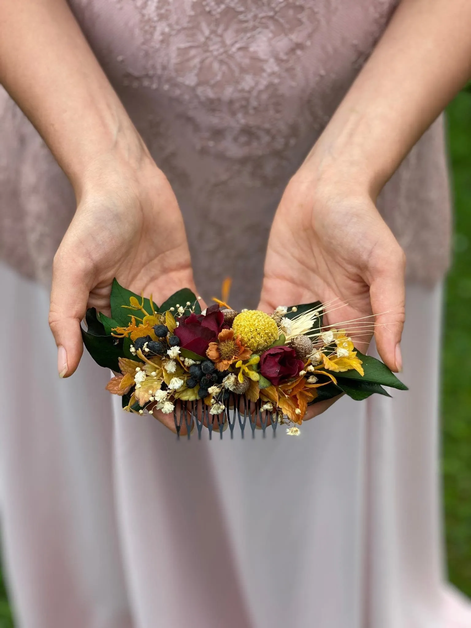 Autumn ochre burgundy wedding comb Orange bridal hair comb Ochre wedding hair comb Magaela accessories Hair comb for bride Fall wedding Handmade