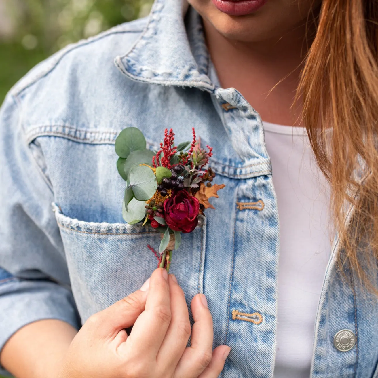 Autumn red boutonniere Flower Fall groom's boutonniere Wedding accessories Magaela Berries Green Eucalyptus Accessories