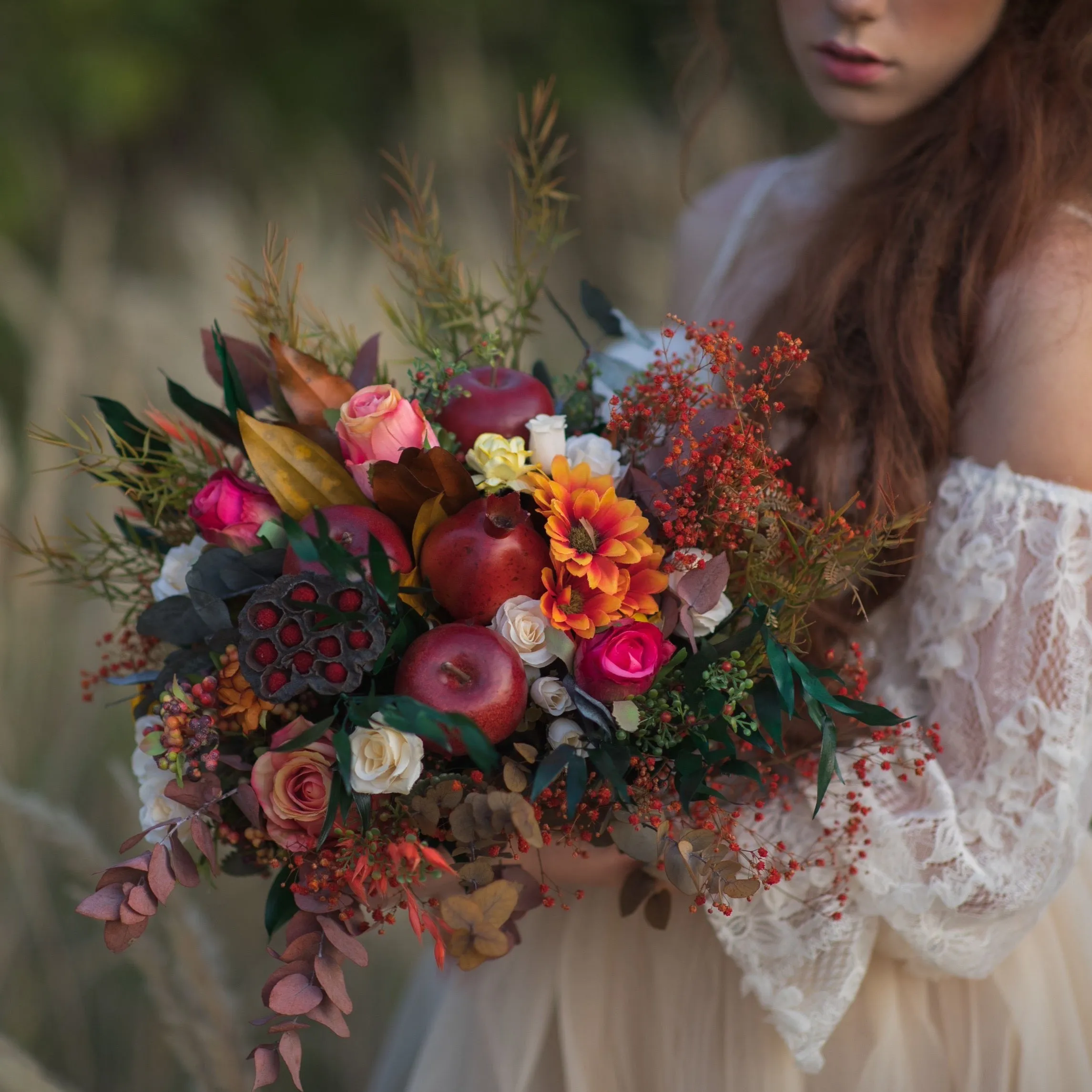 Big fall bridal bouquet Autumn bouquet Boho bride Wedding accessories Bouquet with apples Burgundy bouquet Customisable Unique bouquet