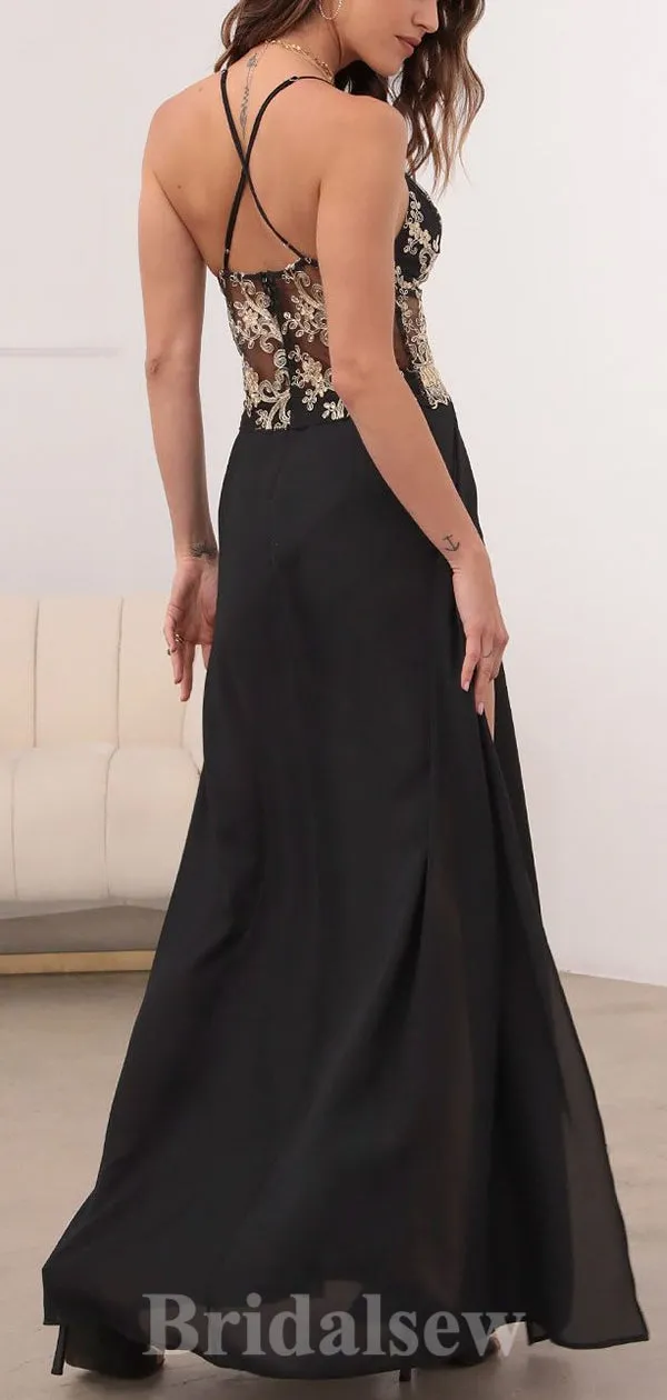 Black A-line Spaghetti Straps Summer Slit Stylish Long Women Evening Prom Dresses PD864