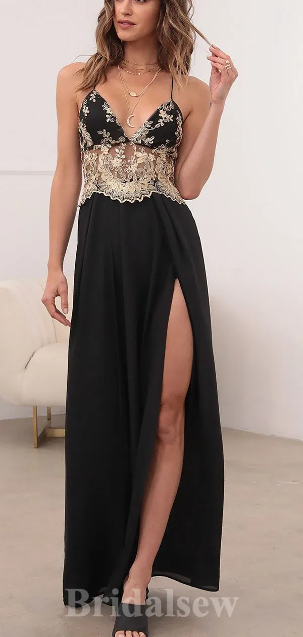 Black A-line Spaghetti Straps Summer Slit Stylish Long Women Evening Prom Dresses PD864