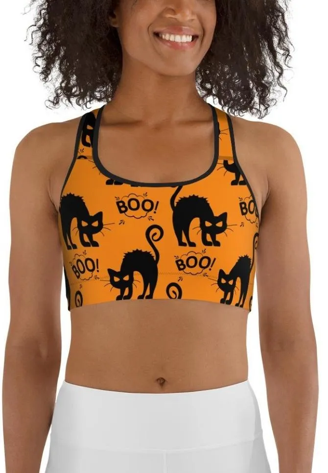 Black Kitty Halloween Sports Bra