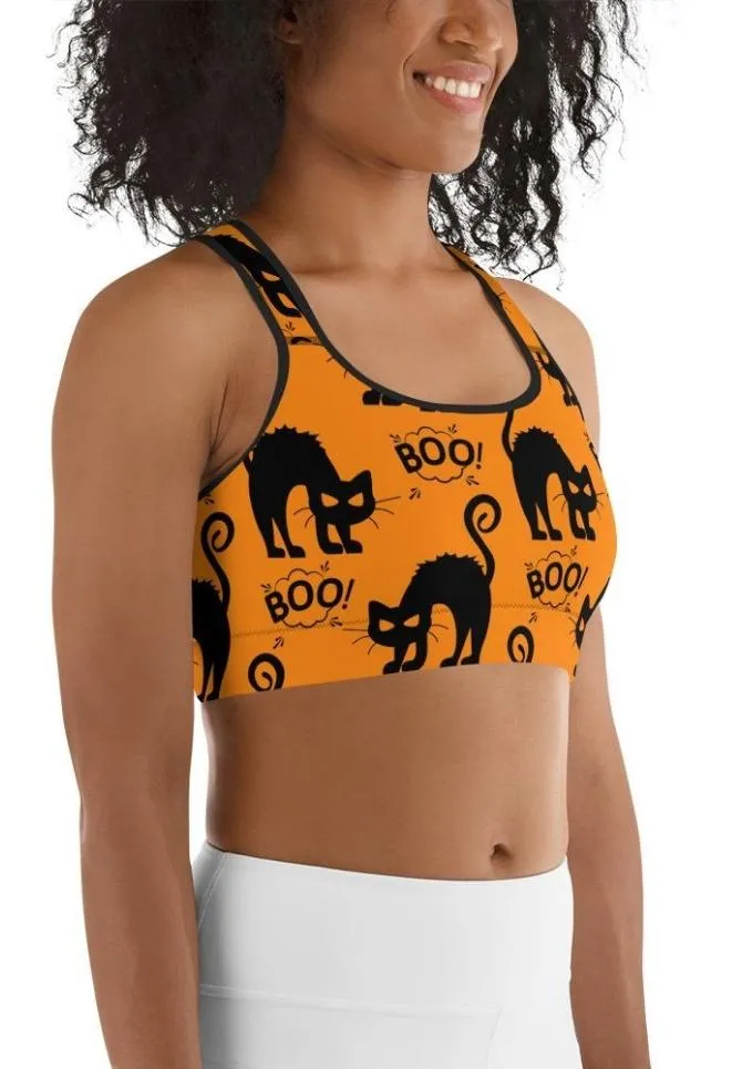 Black Kitty Halloween Sports Bra