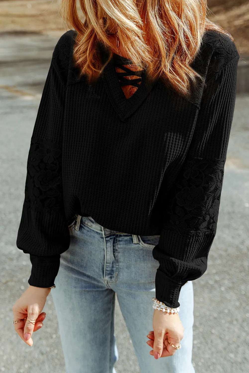 Black Lace Waffle Patchwork Strappy V Neck Long Sleeve Top