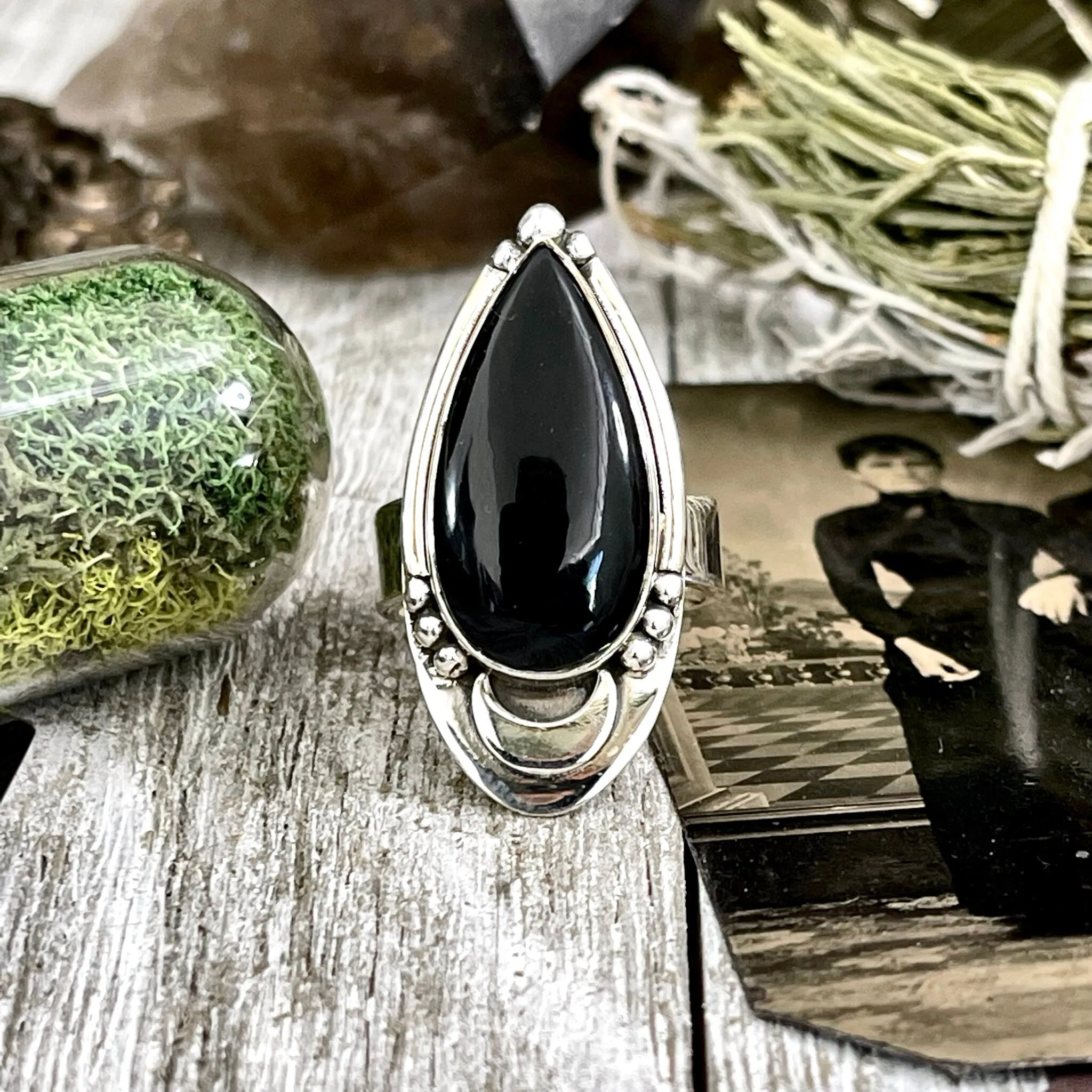 Black Obsidian Crystal Ring in Sterling Silver, Midnight Moon Ring / Designed by FOXLARK Adjustable to Size 6 7 8 9 Gemstone Jewelry Goth Ring