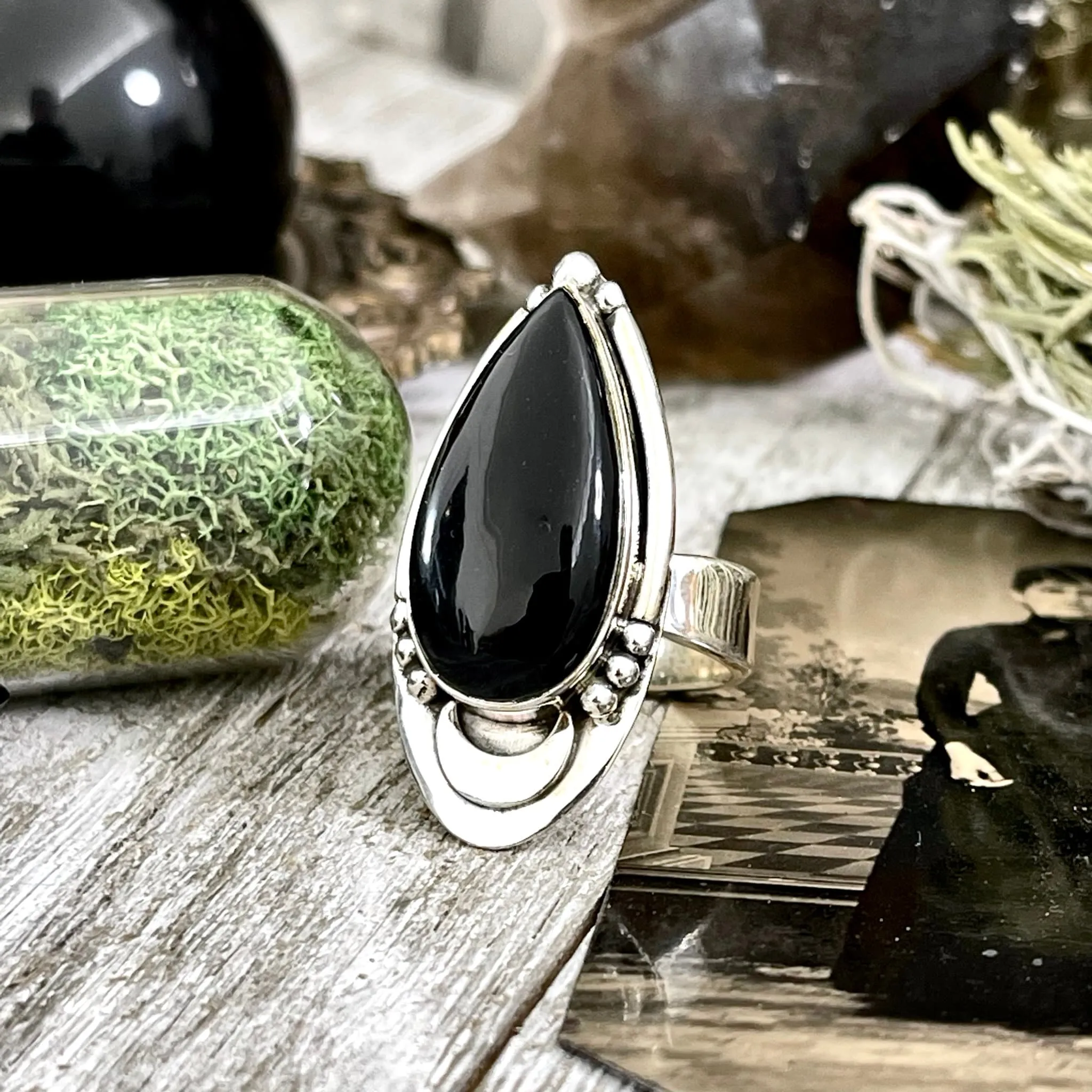 Black Obsidian Crystal Ring in Sterling Silver, Midnight Moon Ring / Designed by FOXLARK Adjustable to Size 6 7 8 9 Gemstone Jewelry Goth Ring