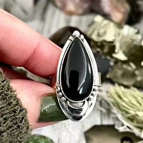 Black Obsidian Crystal Ring in Sterling Silver, Midnight Moon Ring / Designed by FOXLARK Adjustable to Size 6 7 8 9 Gemstone Jewelry Goth Ring