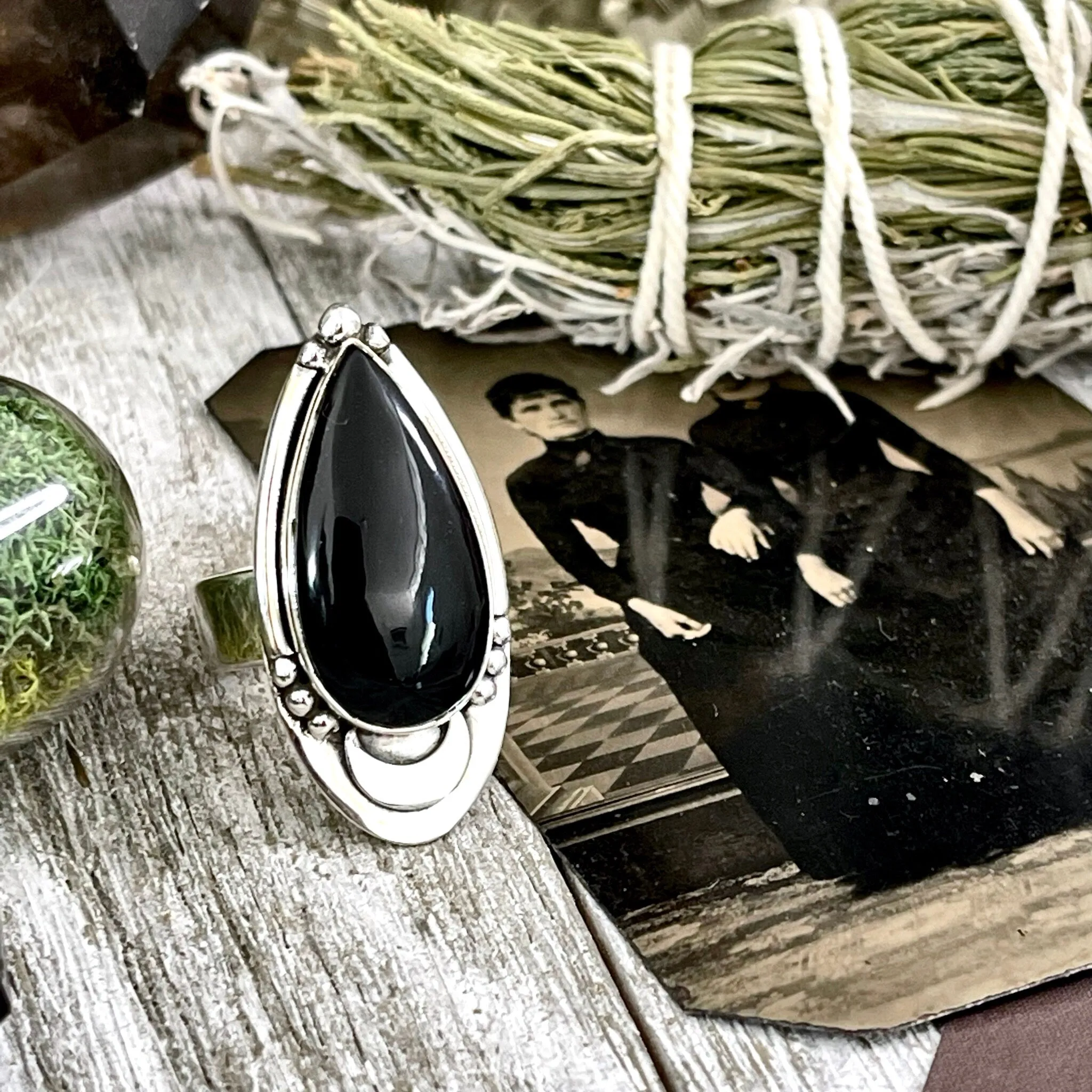 Black Obsidian Crystal Ring in Sterling Silver, Midnight Moon Ring / Designed by FOXLARK Adjustable to Size 6 7 8 9 Gemstone Jewelry Goth Ring