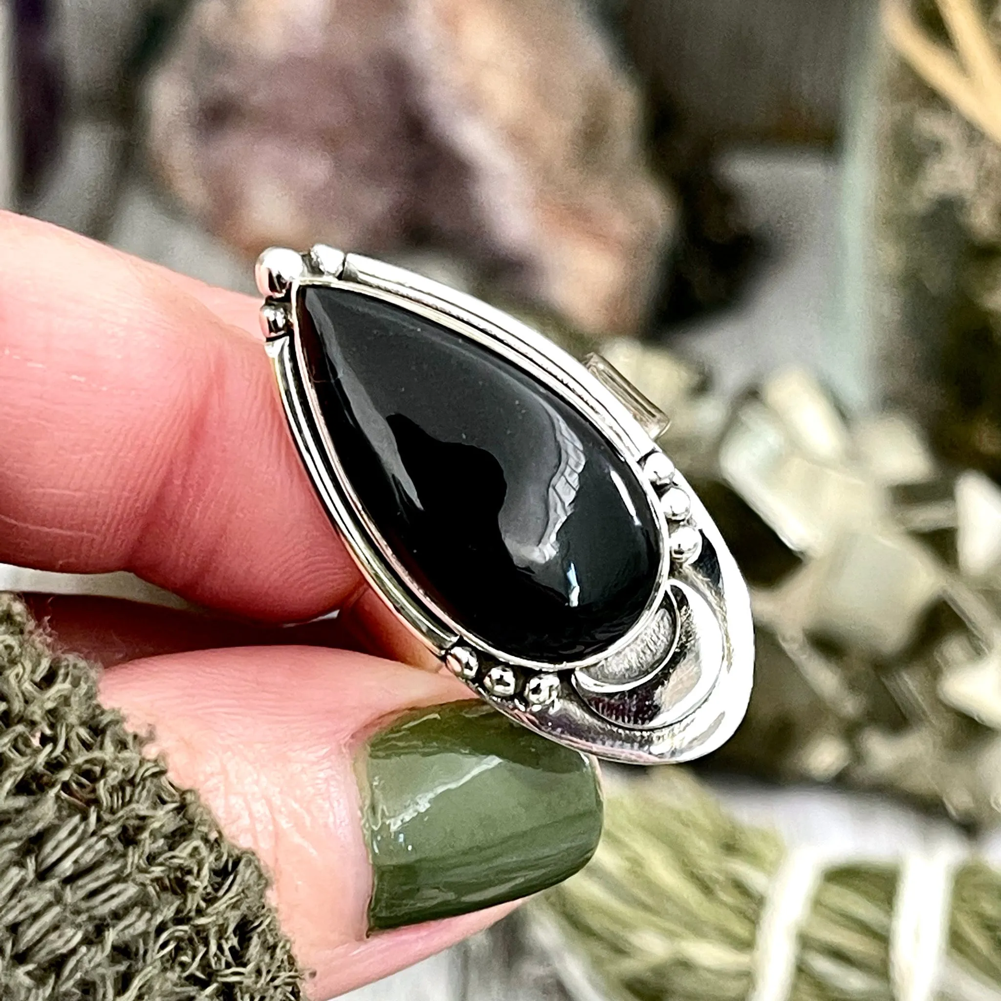 Black Obsidian Crystal Ring in Sterling Silver, Midnight Moon Ring / Designed by FOXLARK Adjustable to Size 6 7 8 9 Gemstone Jewelry Goth Ring