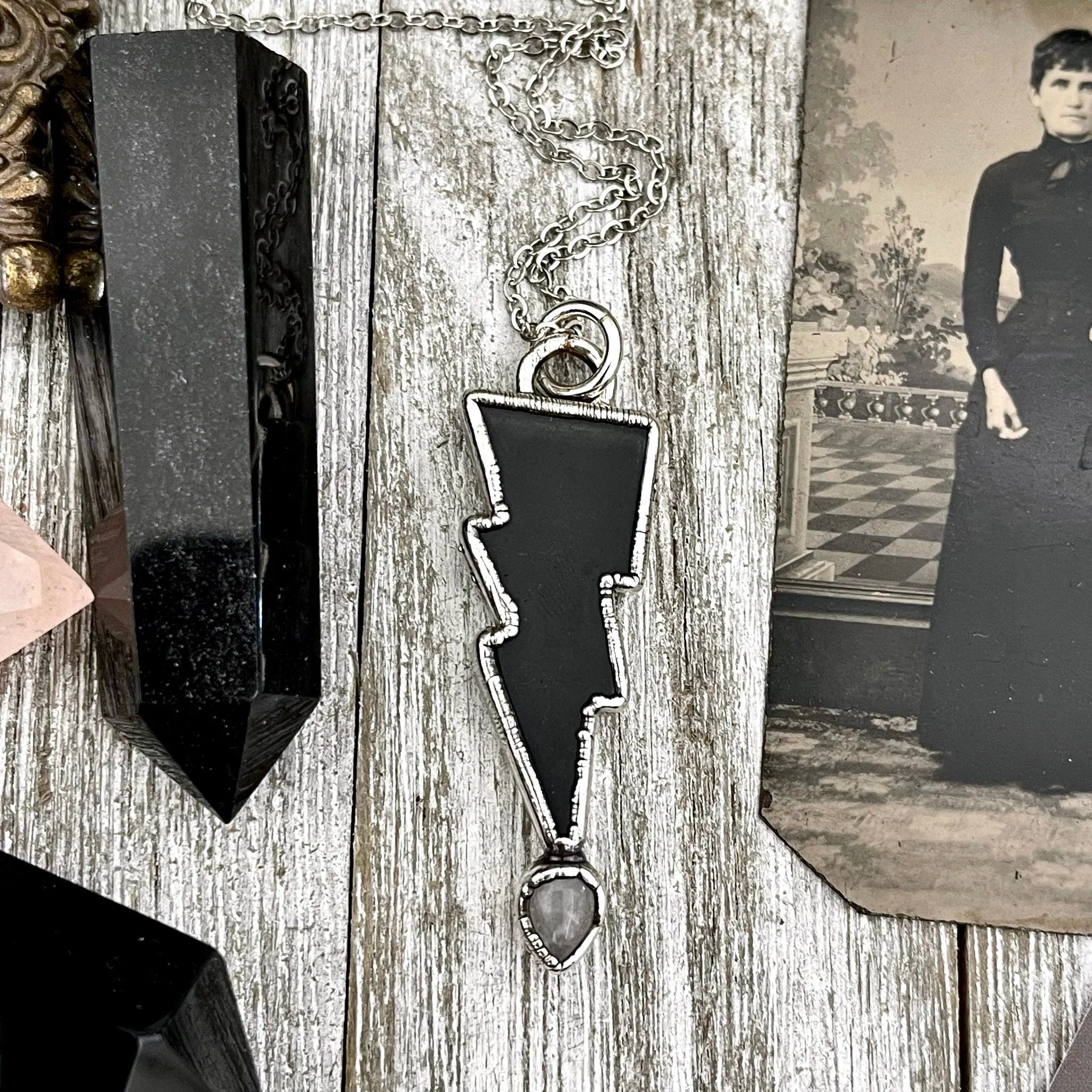 Black Onyx Lightning Bolt Necklace, Black Onxy and Clear Quartz Necklace, Gothic Jewelry / Foxlark Collections