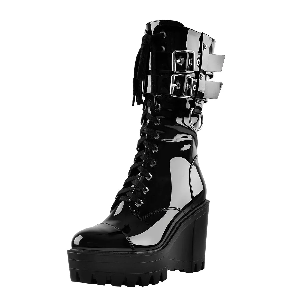 Black Platform Mid Calf Chunky High Heels Boots