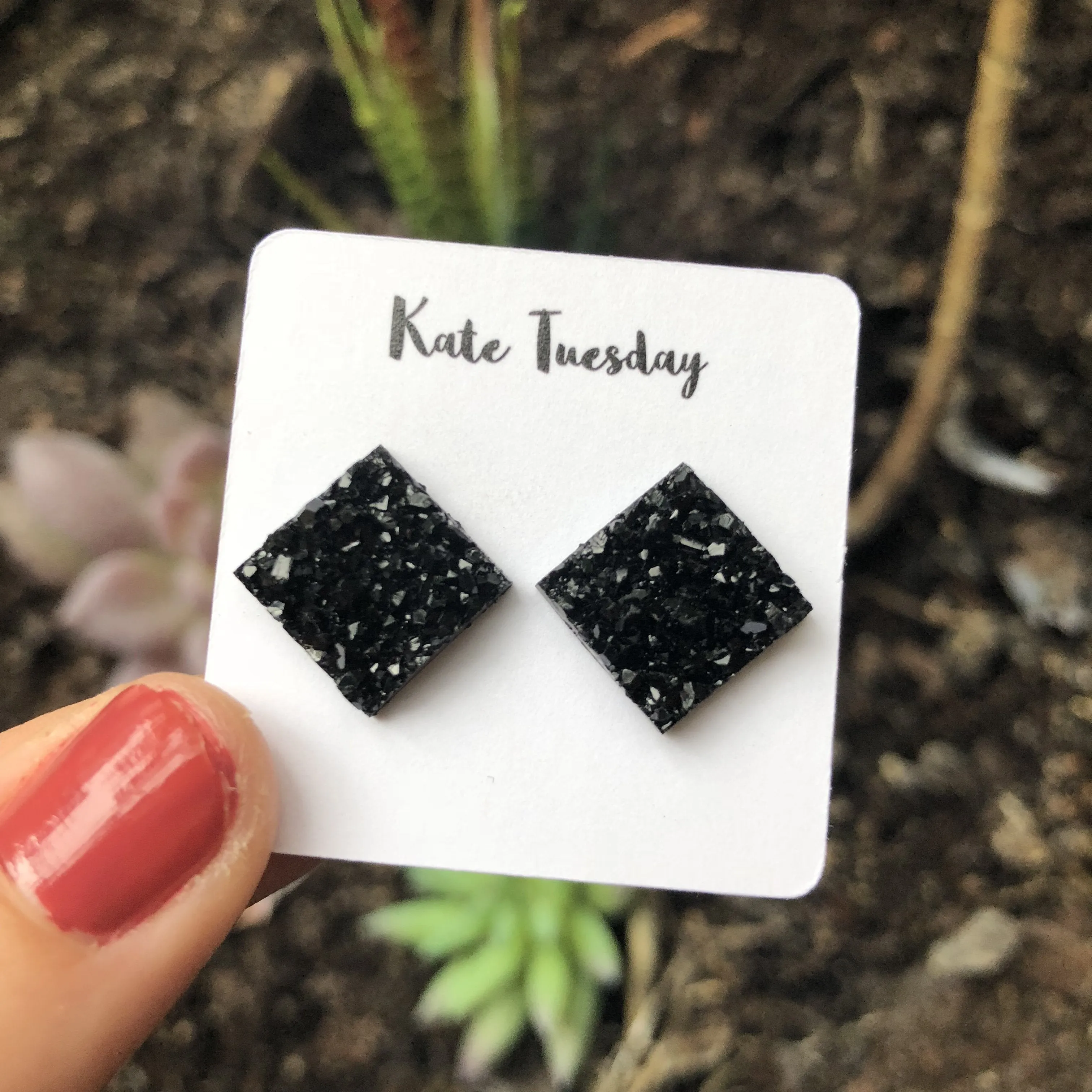 Black Thick Square Druzy Earrings