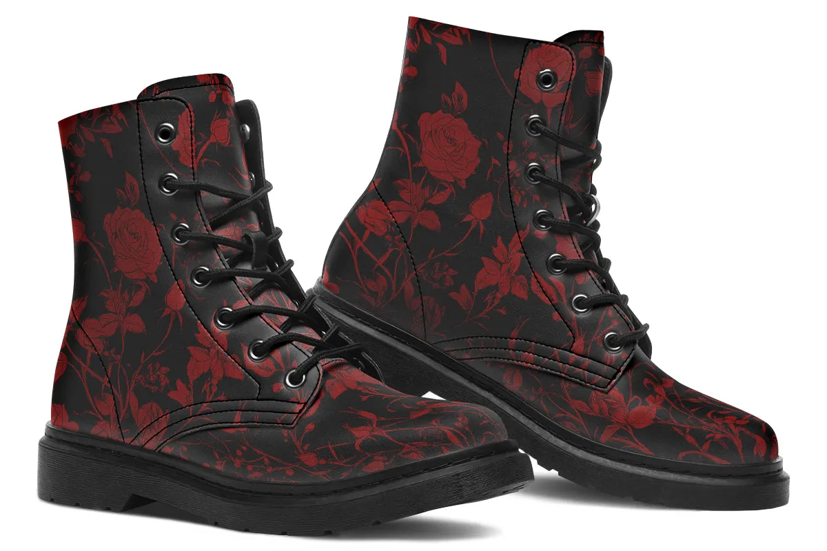 Blood Rose Romance Boots - Vegan Leather Doc-Style Boots with Durable Stitched on Soles