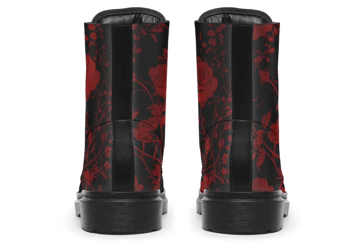 Blood Rose Romance Boots - Vegan Leather Doc-Style Boots with Durable Stitched on Soles