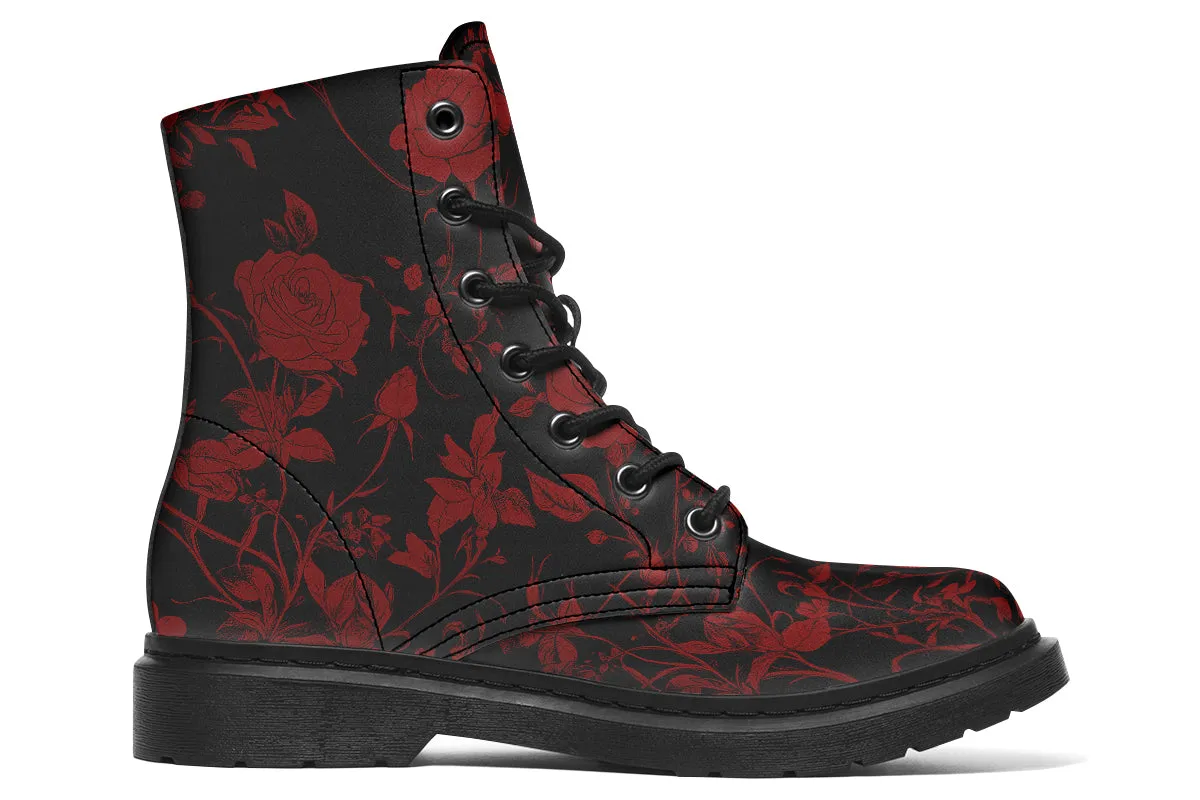 Blood Rose Romance Boots - Vegan Leather Doc-Style Boots with Durable Stitched on Soles