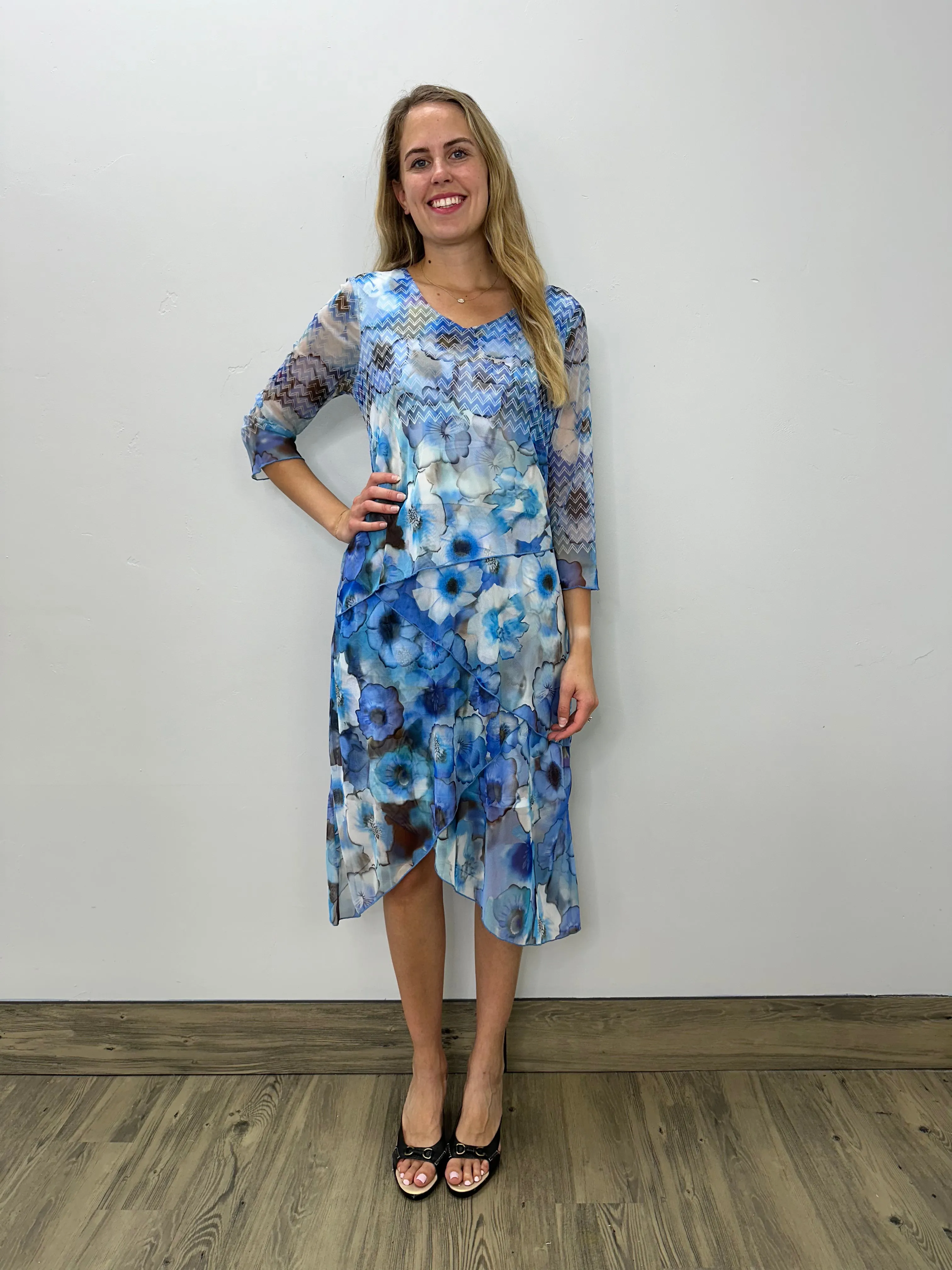 Blue Floral Elegant Drape 3/4 Sleeve Dress