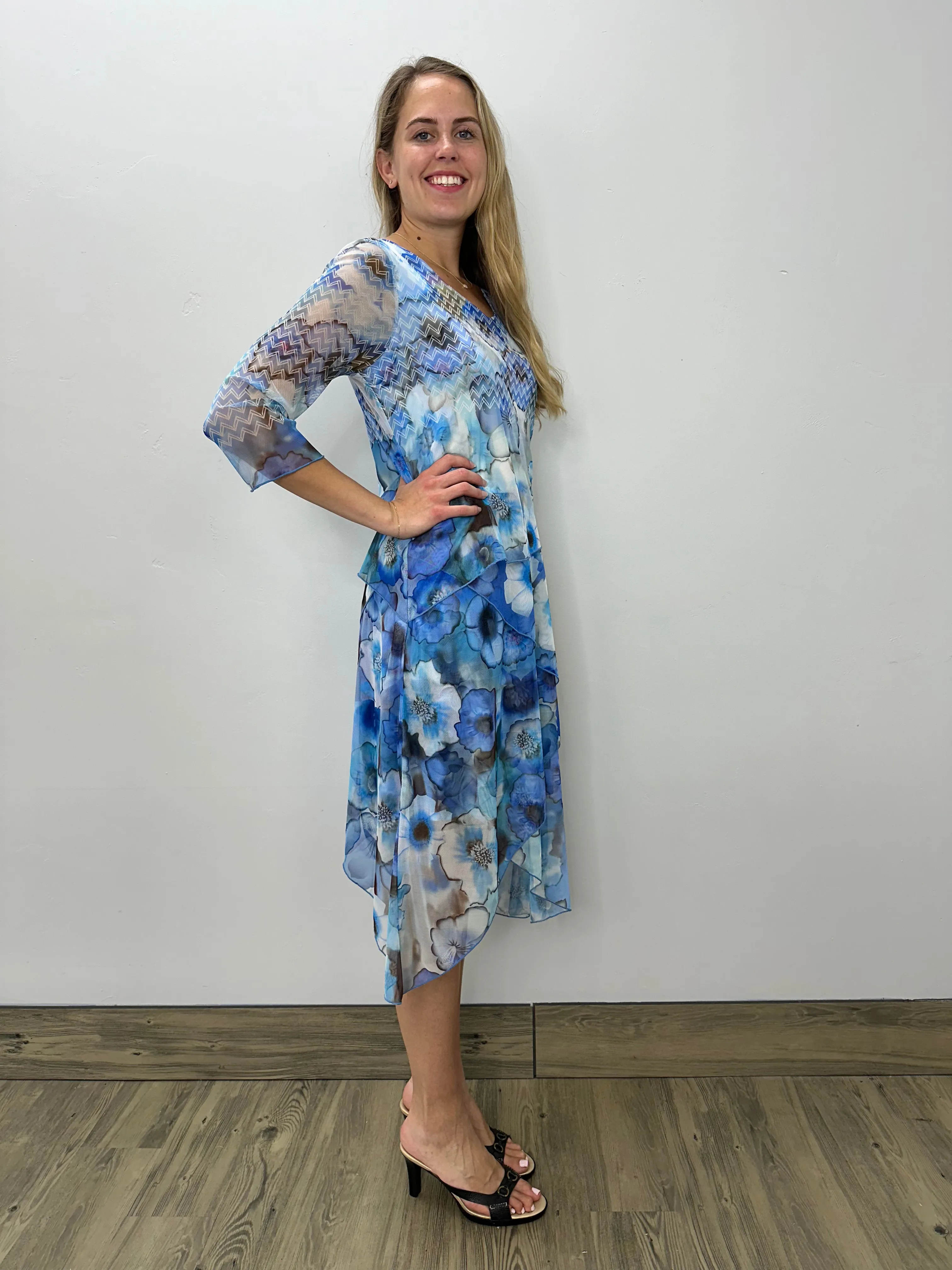 Blue Floral Elegant Drape 3/4 Sleeve Dress