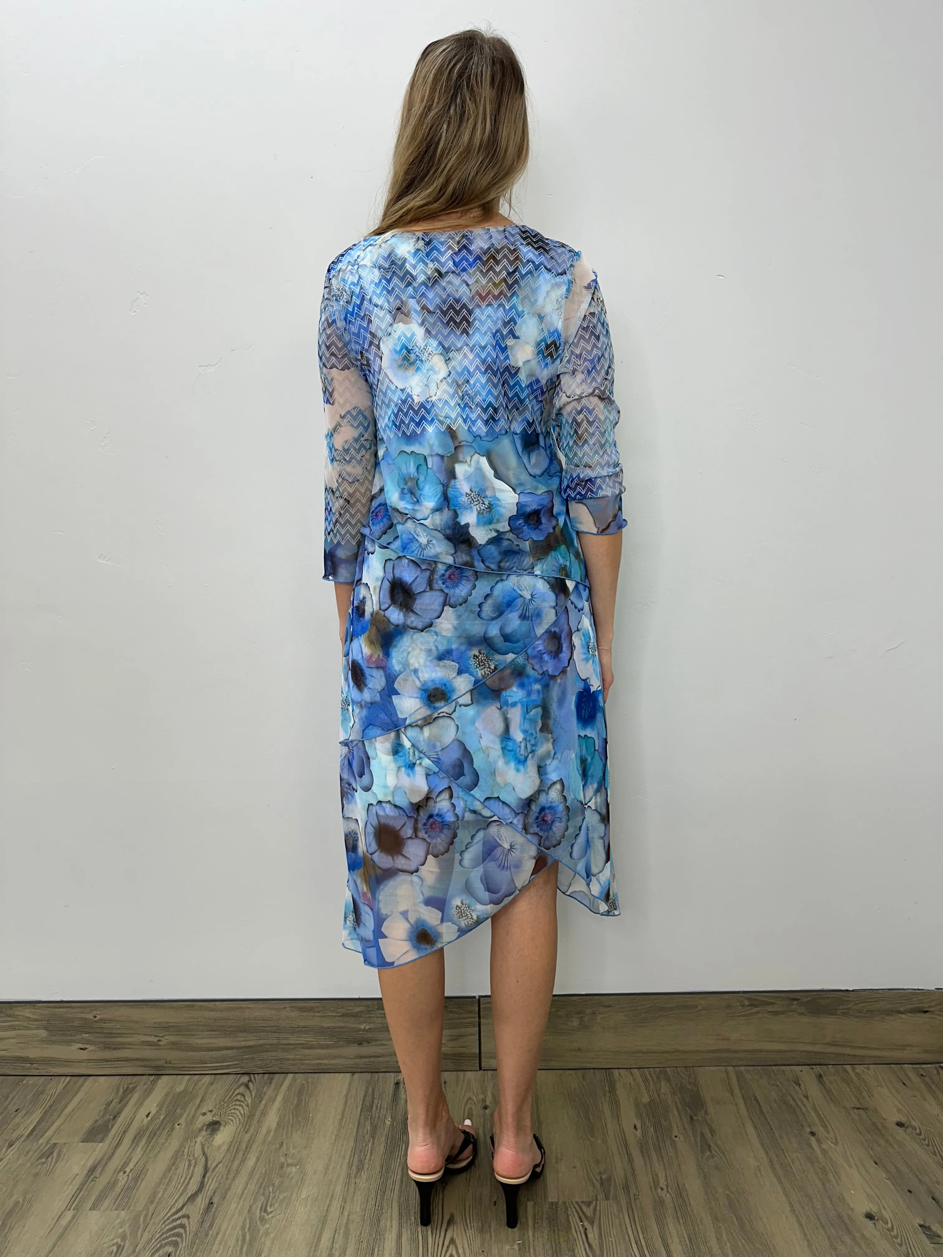 Blue Floral Elegant Drape 3/4 Sleeve Dress