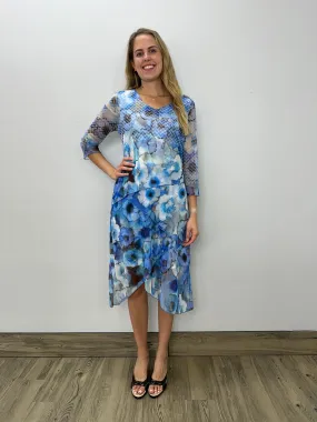 Blue Floral Elegant Drape 3/4 Sleeve Dress