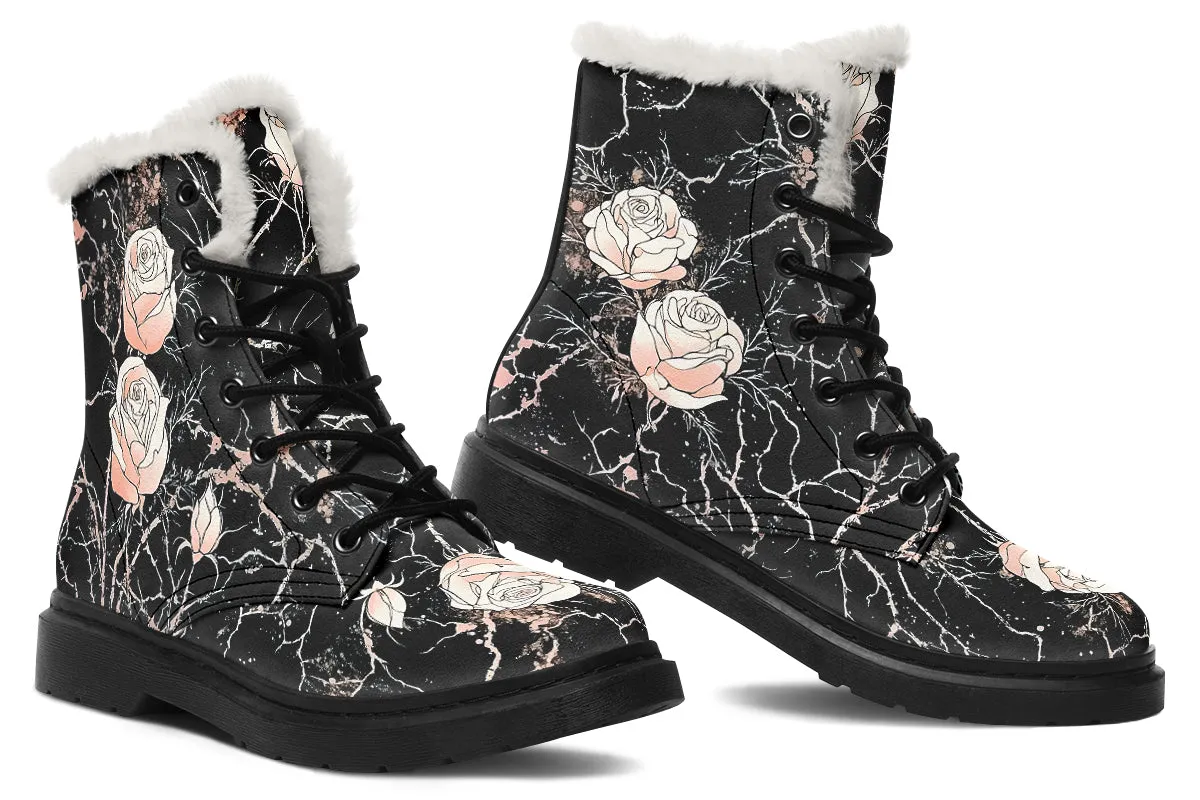 Blush Kintsugi Rose Winter Boots - Warm Micro-Suede Doc-Style Boots Lined with Vegan Wool