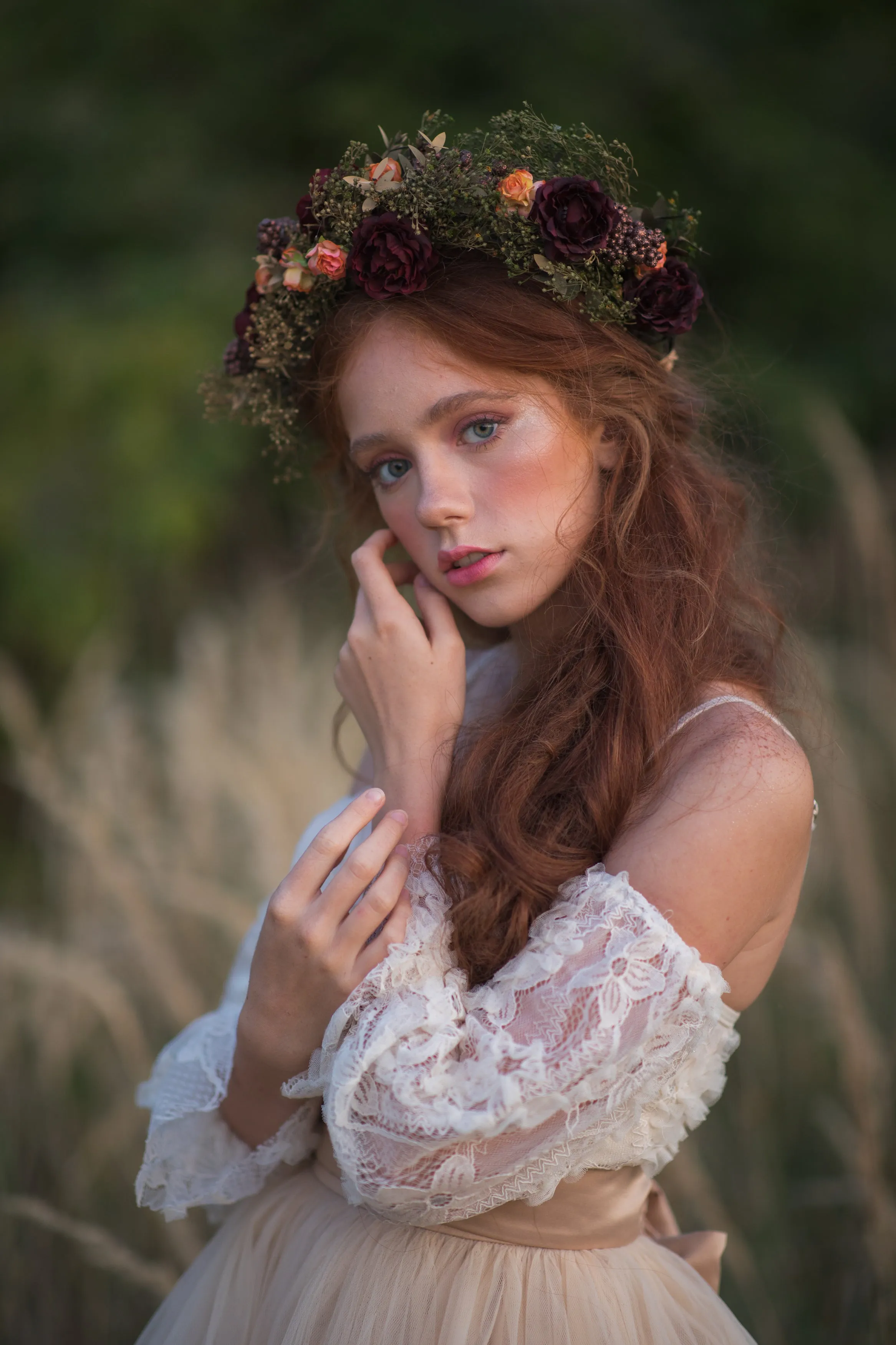 Burgundy flower wreath Boho hair crown Burgundy and green flower wreath Roses Fall wedding flower crown Magaela accessories Autumn Wedding