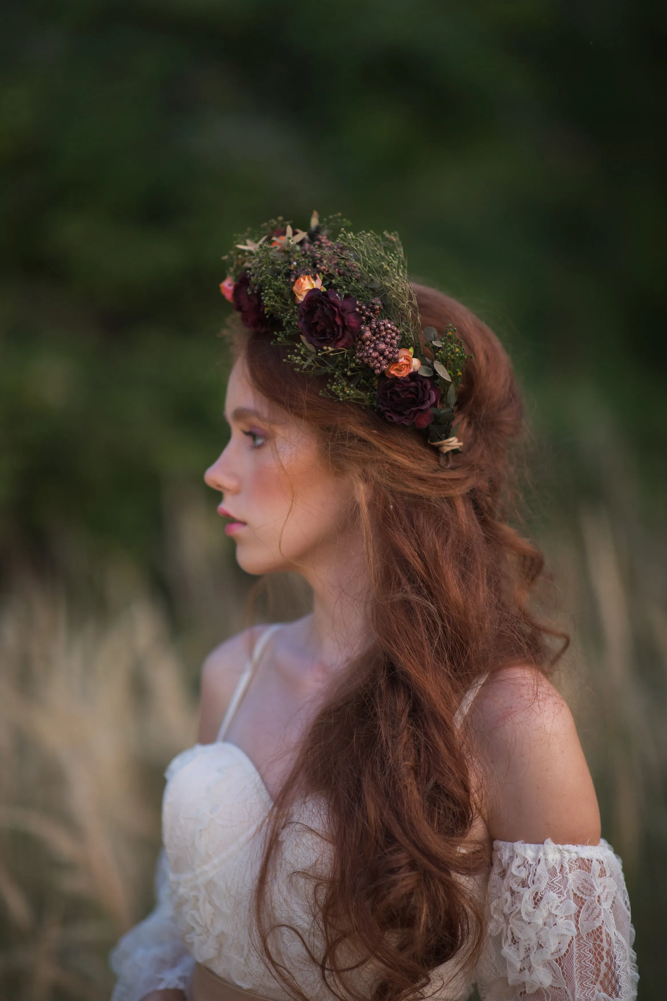 Burgundy flower wreath Boho hair crown Burgundy and green flower wreath Roses Fall wedding flower crown Magaela accessories Autumn Wedding