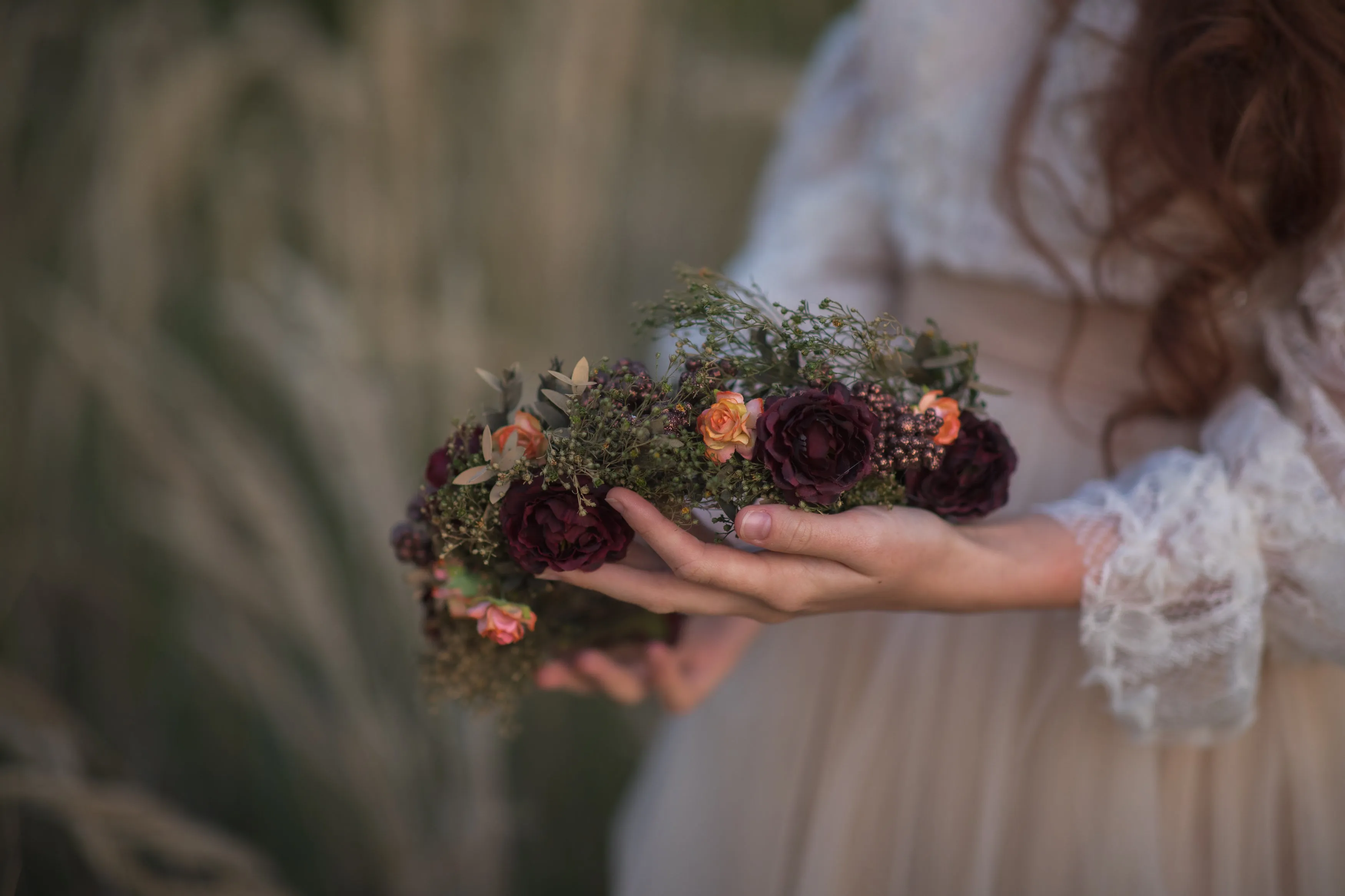 Burgundy flower wreath Boho hair crown Burgundy and green flower wreath Roses Fall wedding flower crown Magaela accessories Autumn Wedding