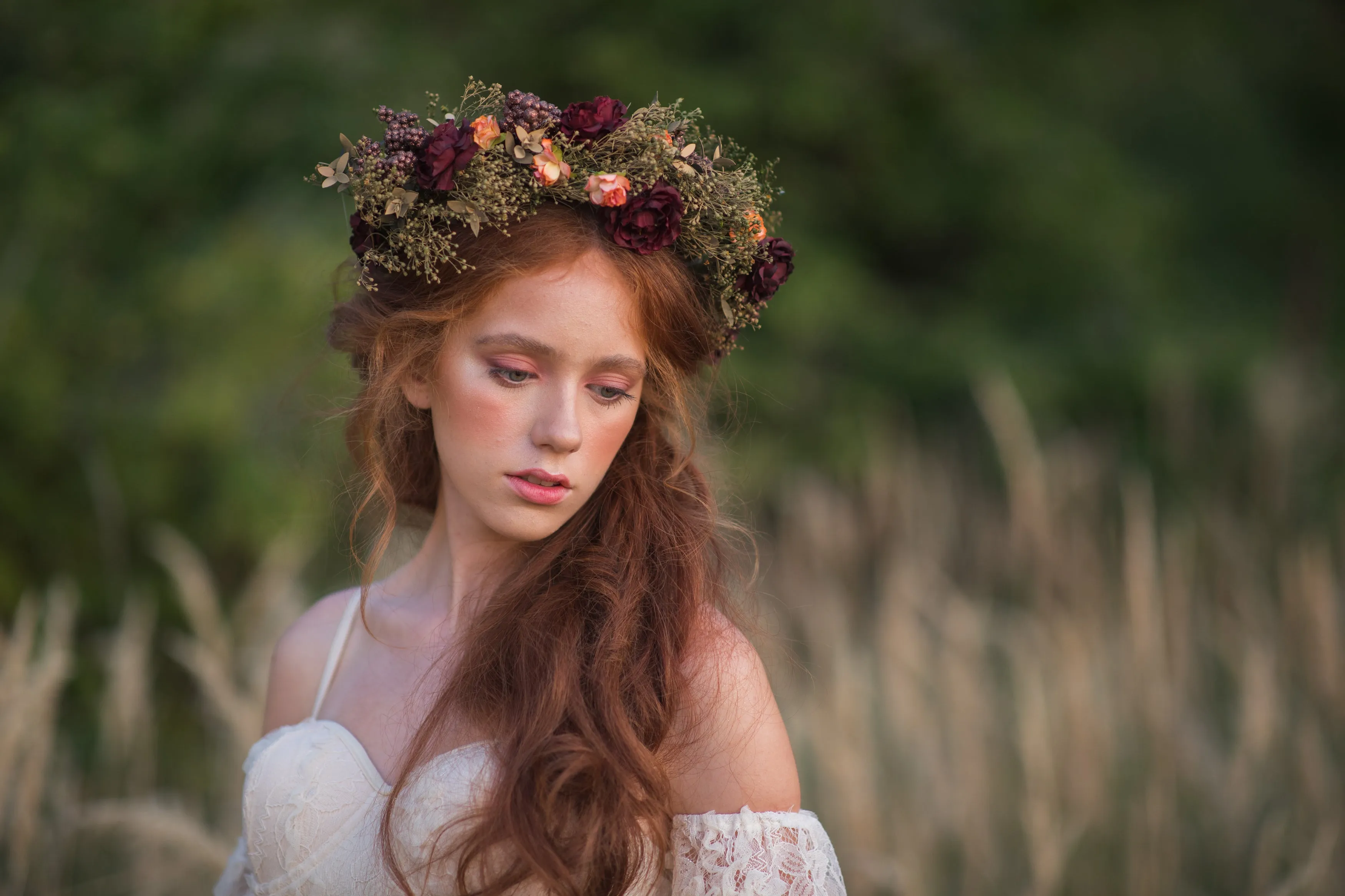 Burgundy flower wreath Boho hair crown Burgundy and green flower wreath Roses Fall wedding flower crown Magaela accessories Autumn Wedding