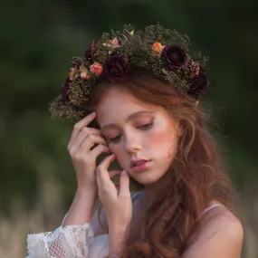 Burgundy flower wreath Boho hair crown Burgundy and green flower wreath Roses Fall wedding flower crown Magaela accessories Autumn Wedding