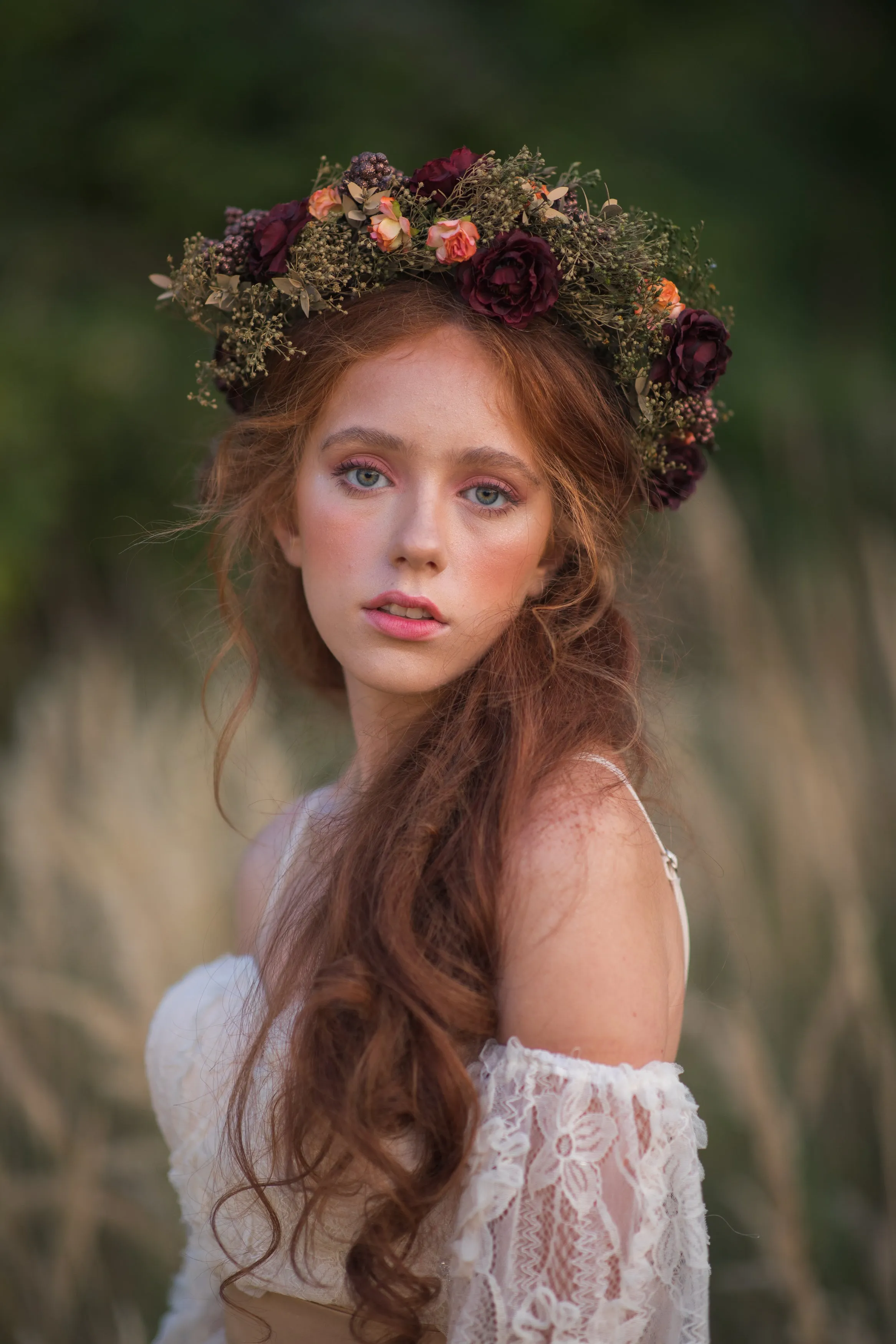 Burgundy flower wreath Boho hair crown Burgundy and green flower wreath Roses Fall wedding flower crown Magaela accessories Autumn Wedding