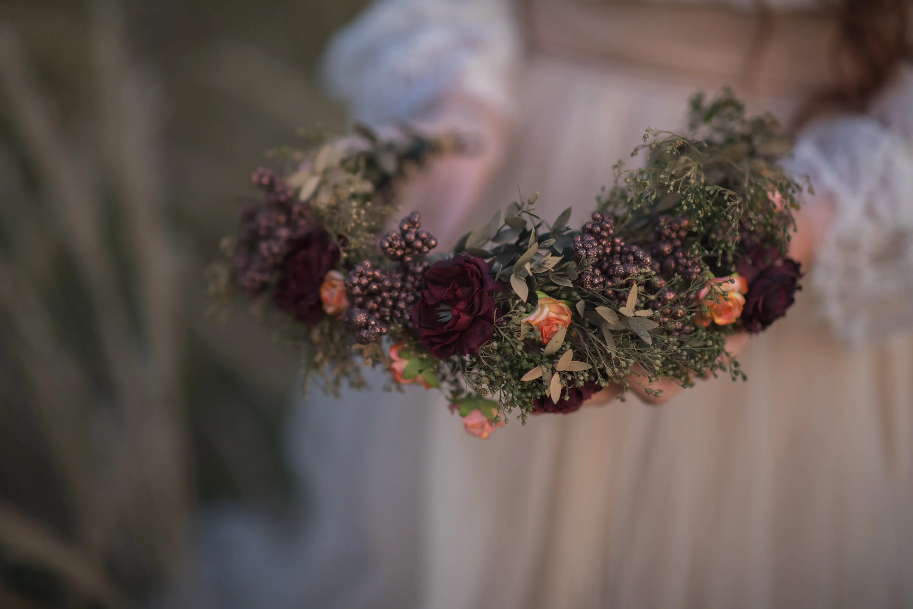 Burgundy flower wreath Boho hair crown Burgundy and green flower wreath Roses Fall wedding flower crown Magaela accessories Autumn Wedding