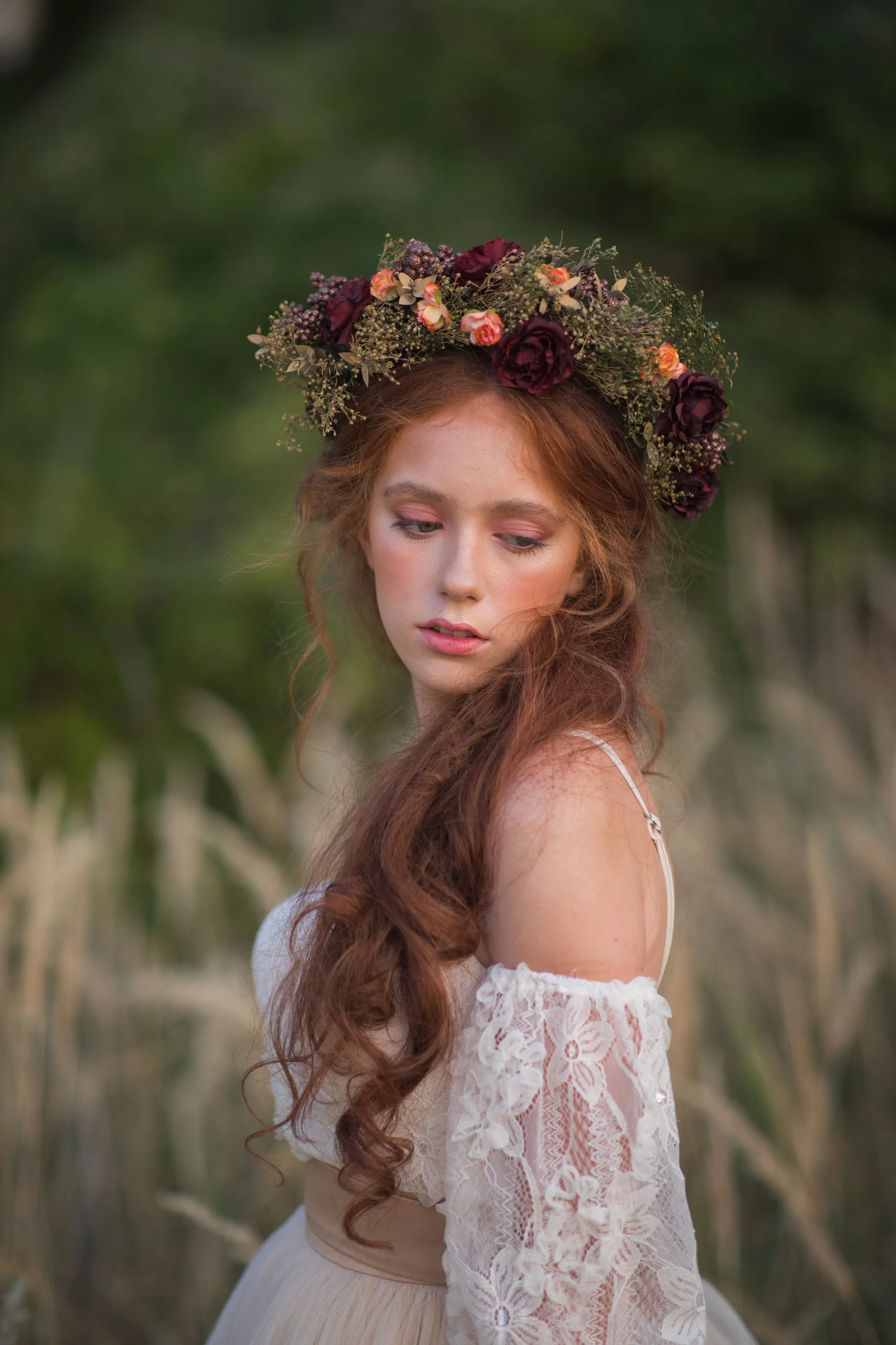 Burgundy flower wreath Boho hair crown Burgundy and green flower wreath Roses Fall wedding flower crown Magaela accessories Autumn Wedding