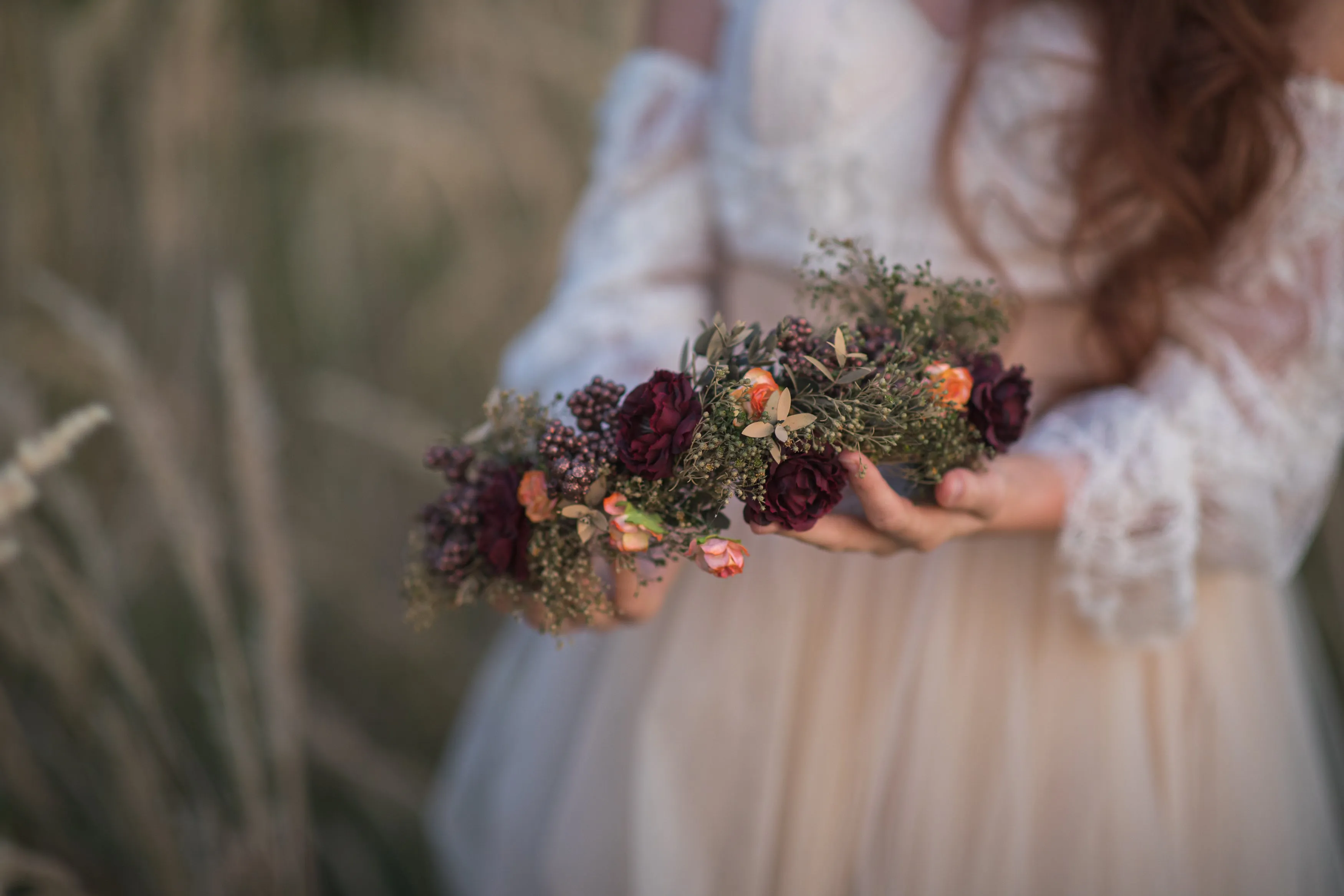 Burgundy flower wreath Boho hair crown Burgundy and green flower wreath Roses Fall wedding flower crown Magaela accessories Autumn Wedding