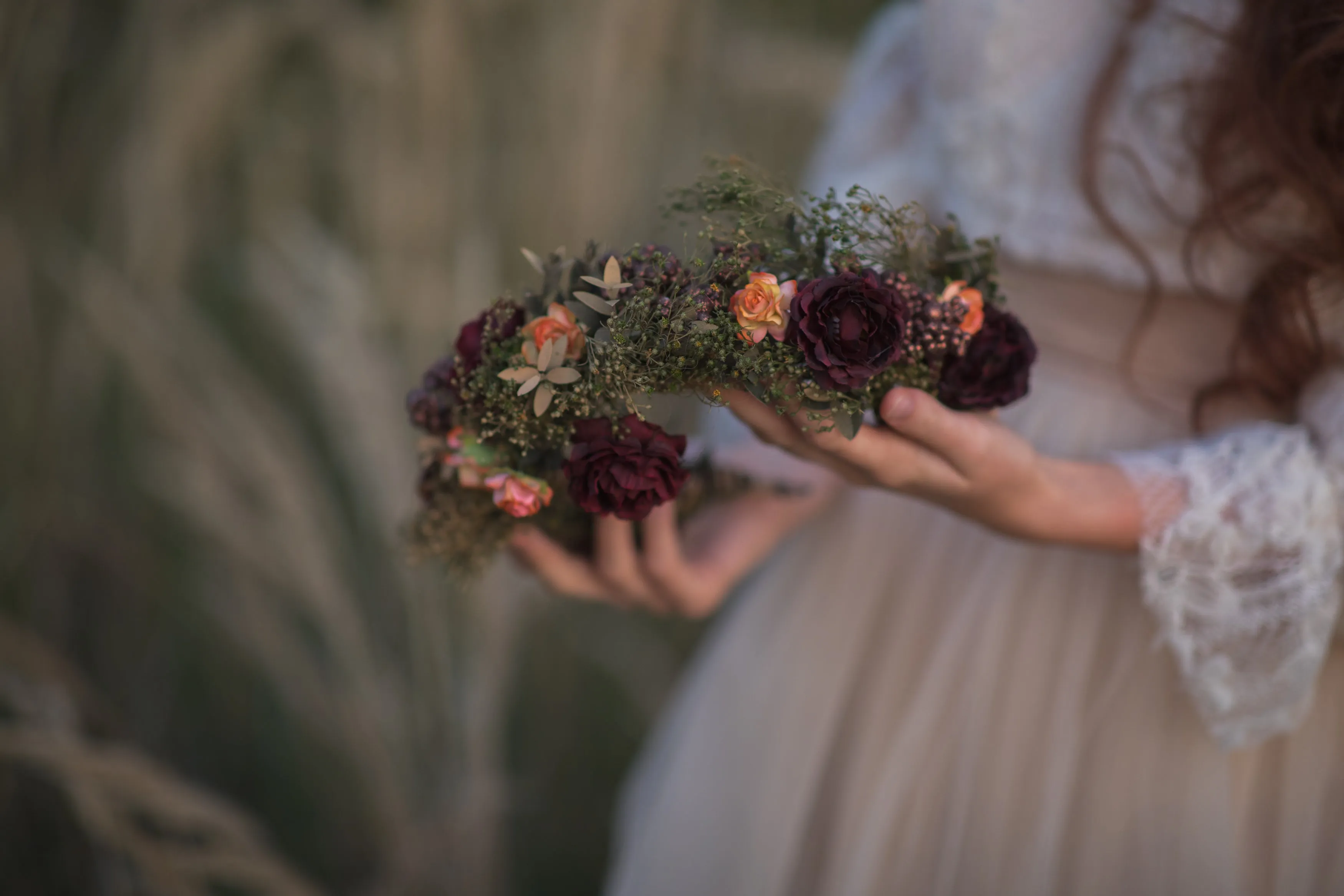 Burgundy flower wreath Boho hair crown Burgundy and green flower wreath Roses Fall wedding flower crown Magaela accessories Autumn Wedding