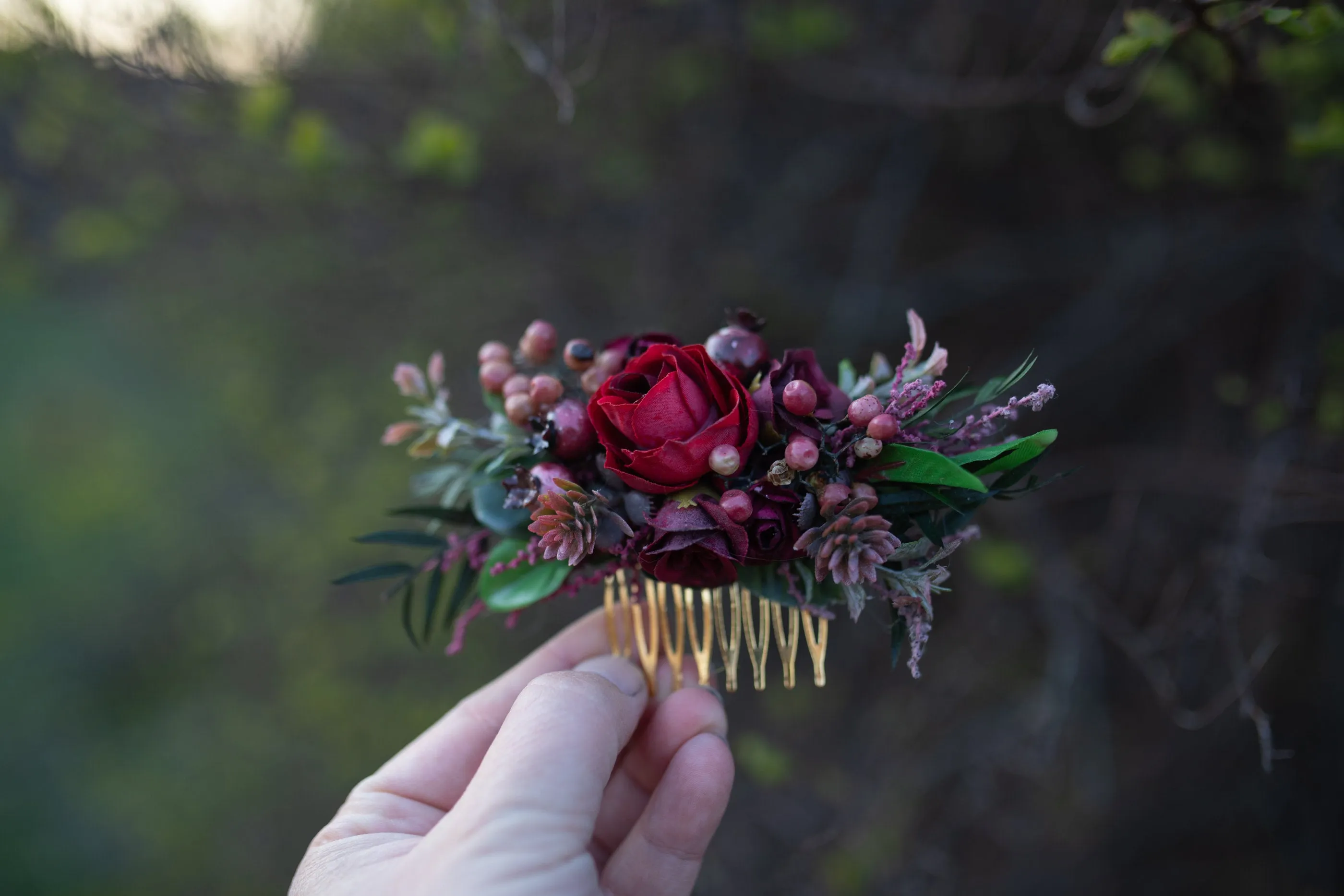 Burgundy wedding hair comb Bridal flower comb Wedding hair accessories Red flower comb Burgundy accessories Decorative hair comb Autumn