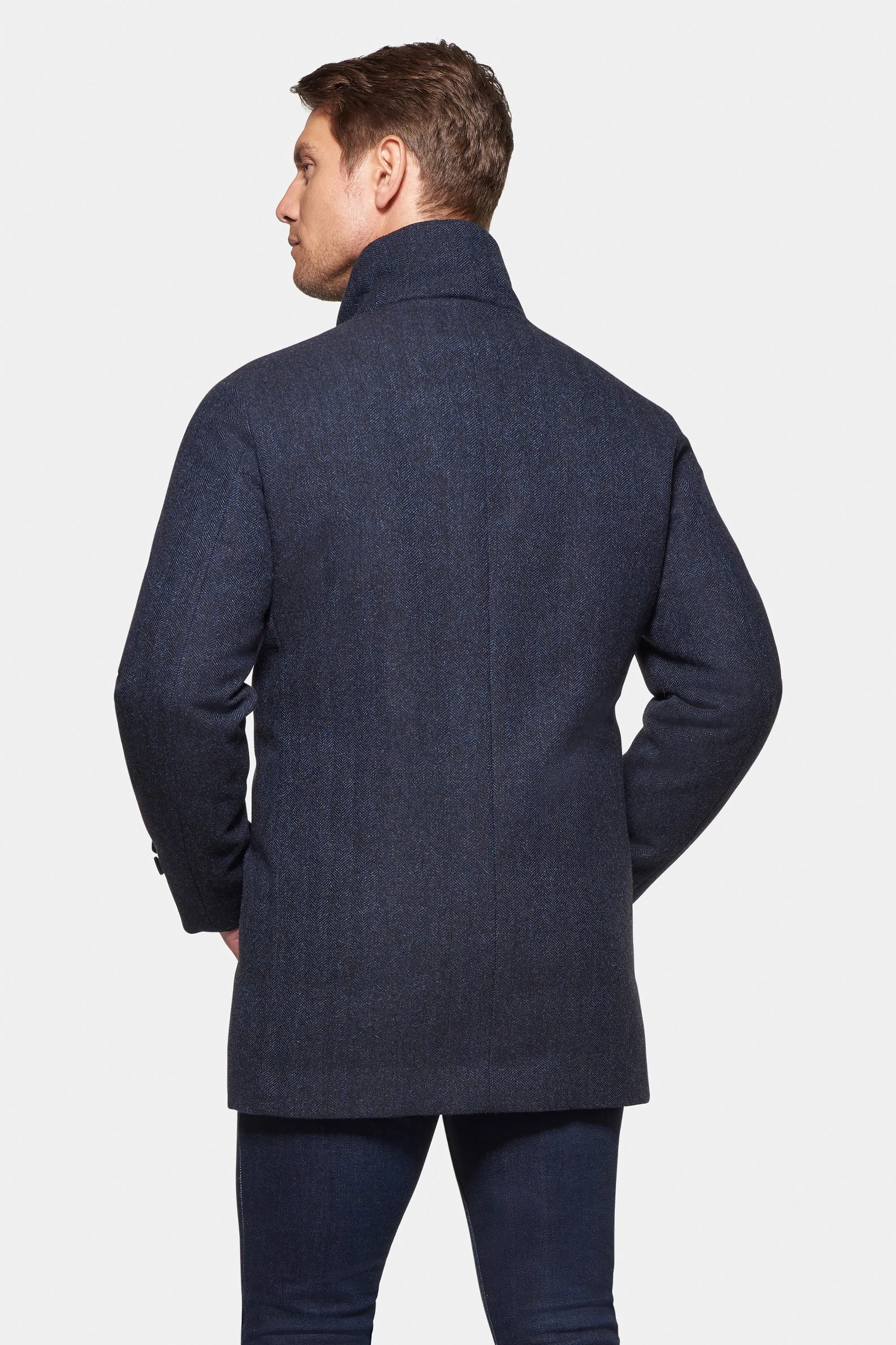 Cashmere Wool Car Coat, British Blue Herringbone